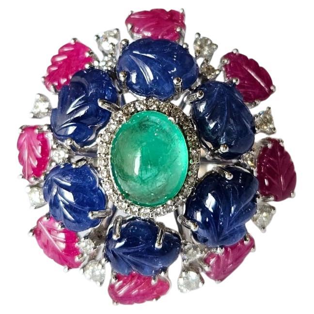 Colombian Emerald cabochon, carved Blue Sapphires, Ruby & Diamond Cocktail Ring