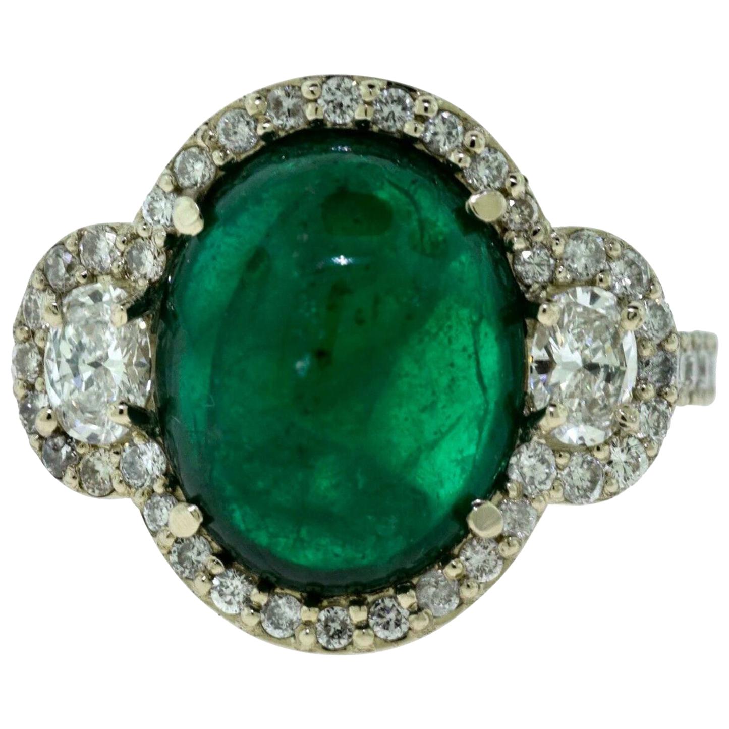 Colombian Emerald Cabochon Cocktail Ring with Diamonds For Sale