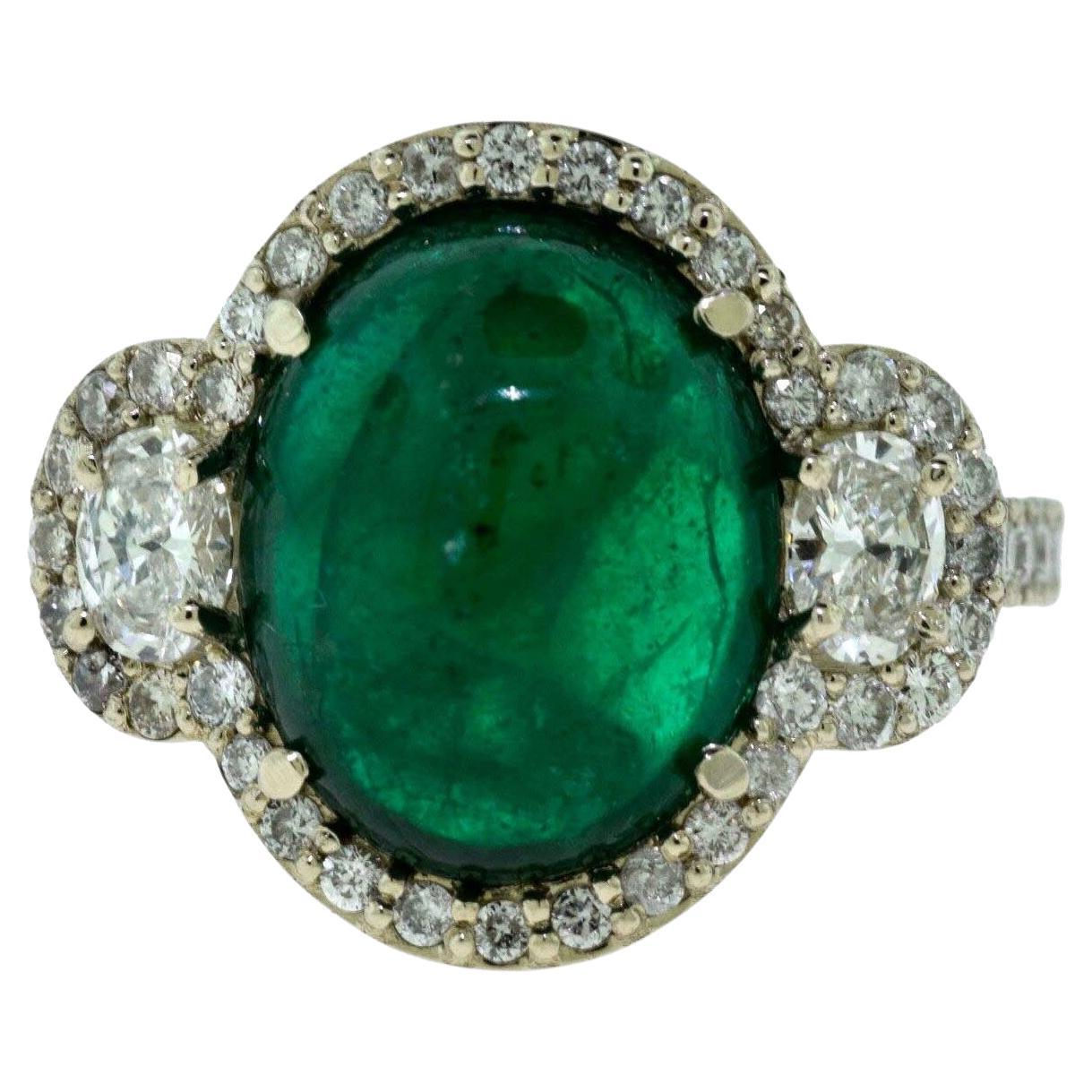 Colombian Emerald Cabochon Cocktail Ring with Diamonds set in 18k White Gold For Sale