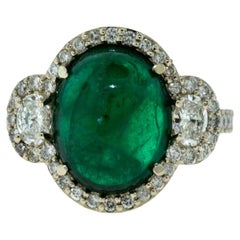 Colombian Emerald Cabochon Cocktail Ring with Diamonds set in 18k White Gold