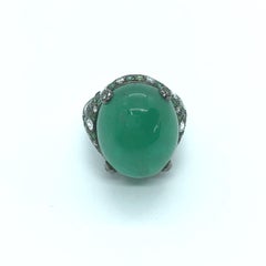 Swiss Gems Certified 32 Carat Colombian Green Emerald White Gold Cabochon Ring