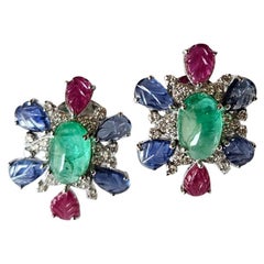 Colombian Emerald Cabochons, carved Blue Sapphire, Ruby & Diamonds Stud Earrings