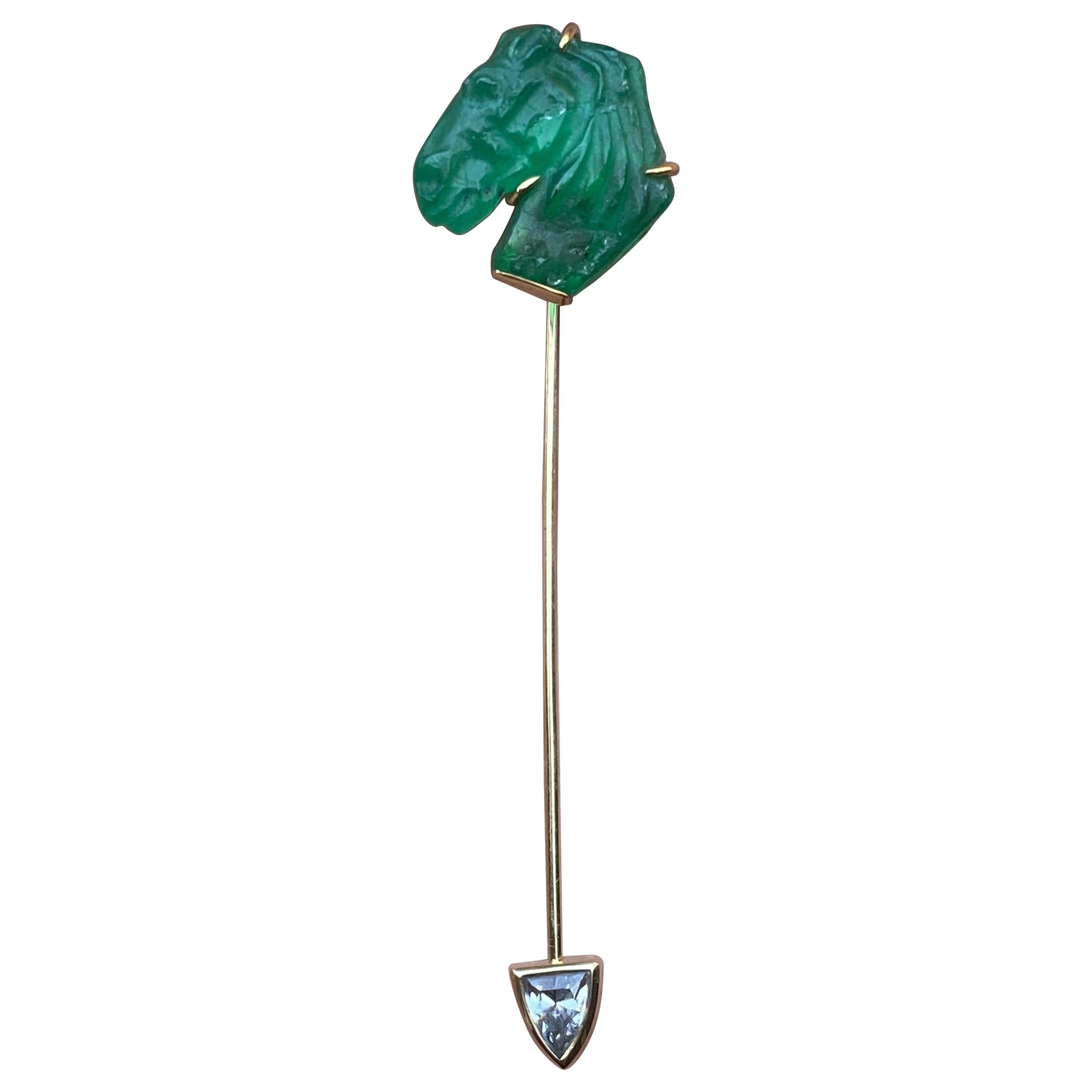 Colombian Emerald Carved Horse Head and Diamond Lapel Pin For Sale