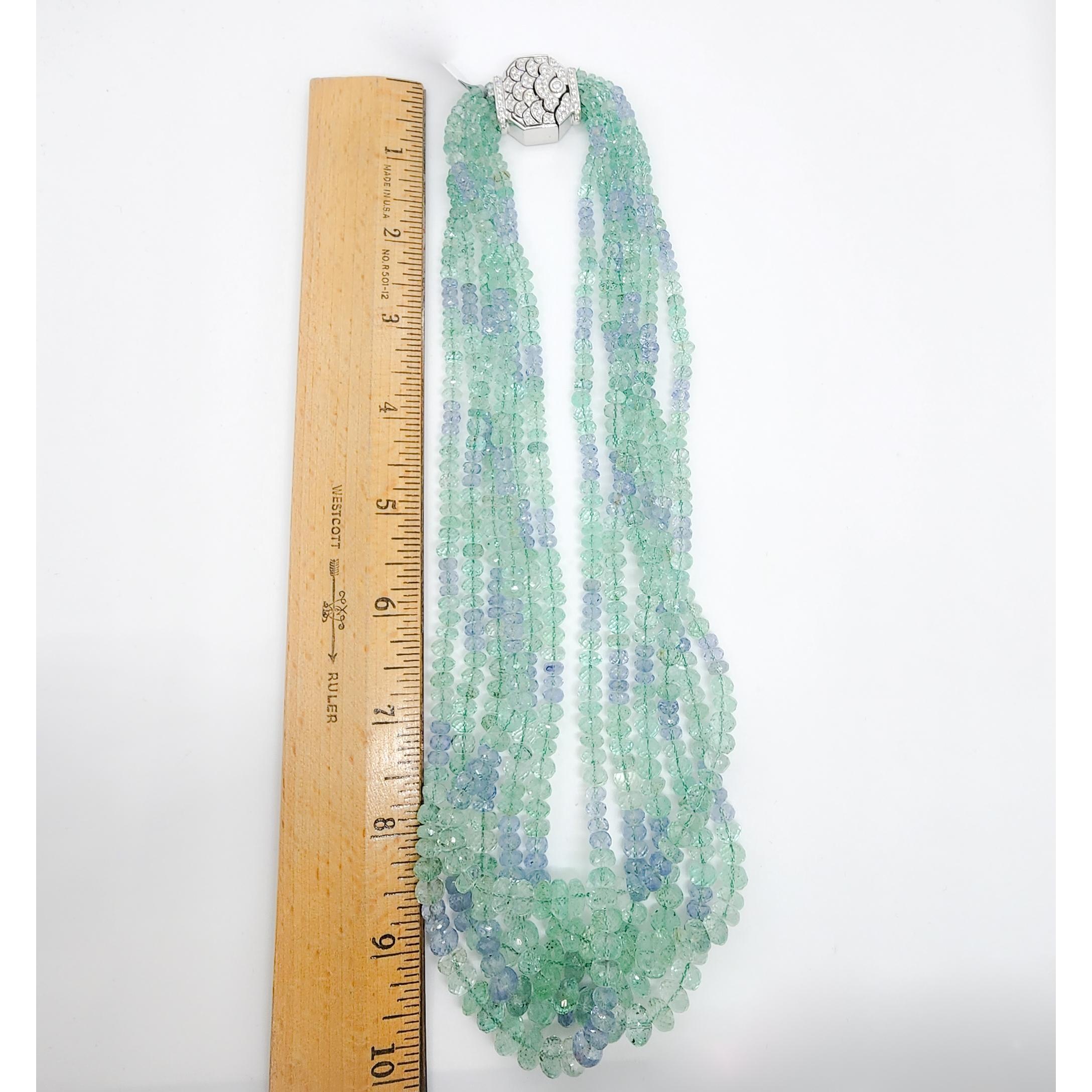 Colombian Emerald, Ceylon Blue Sapphire, and Diamond Bead Necklace For Sale 2