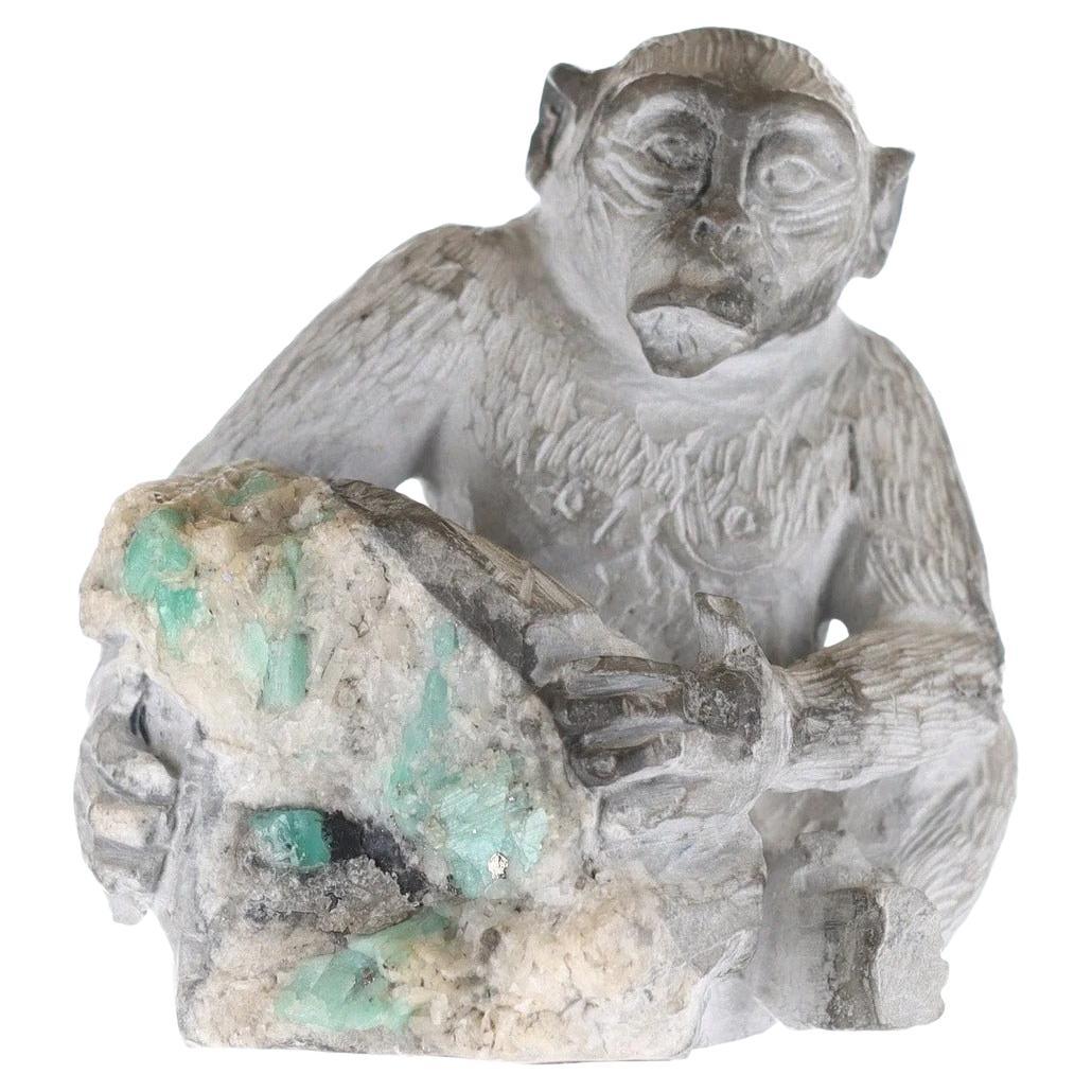 Colombian Emerald Chimpanzee Rough Crystal Sculpture Hand Carved Collectors Item For Sale