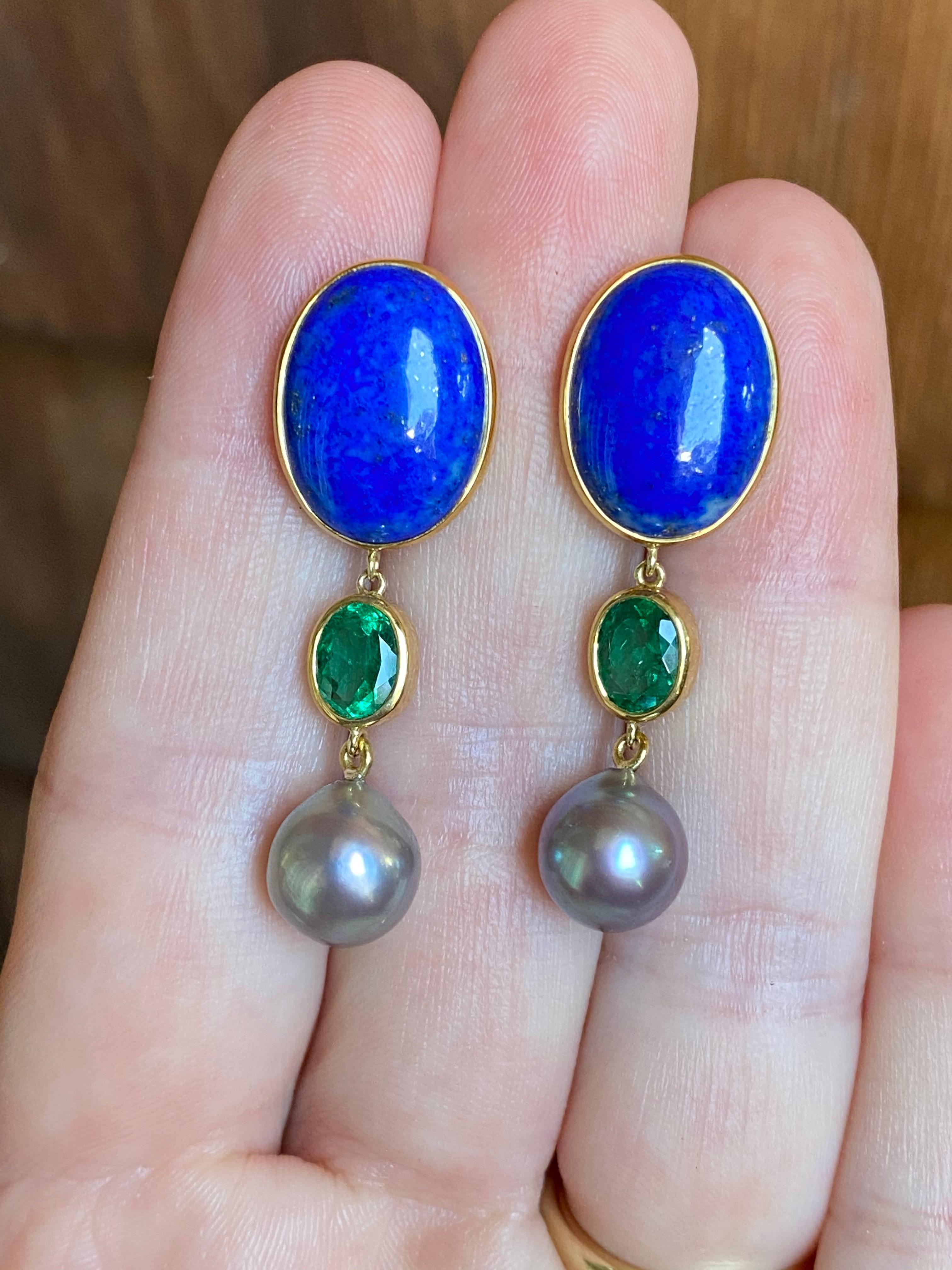 Hand forged in California by our master goldsmith, these earrings feature Chilean lapis cabochons, faceted Colombian emeralds and rare Sea of Cortez baroque pearls. 

Please contact us for any questions.

-Colombian emeralds- cut to match 0.84/0/84