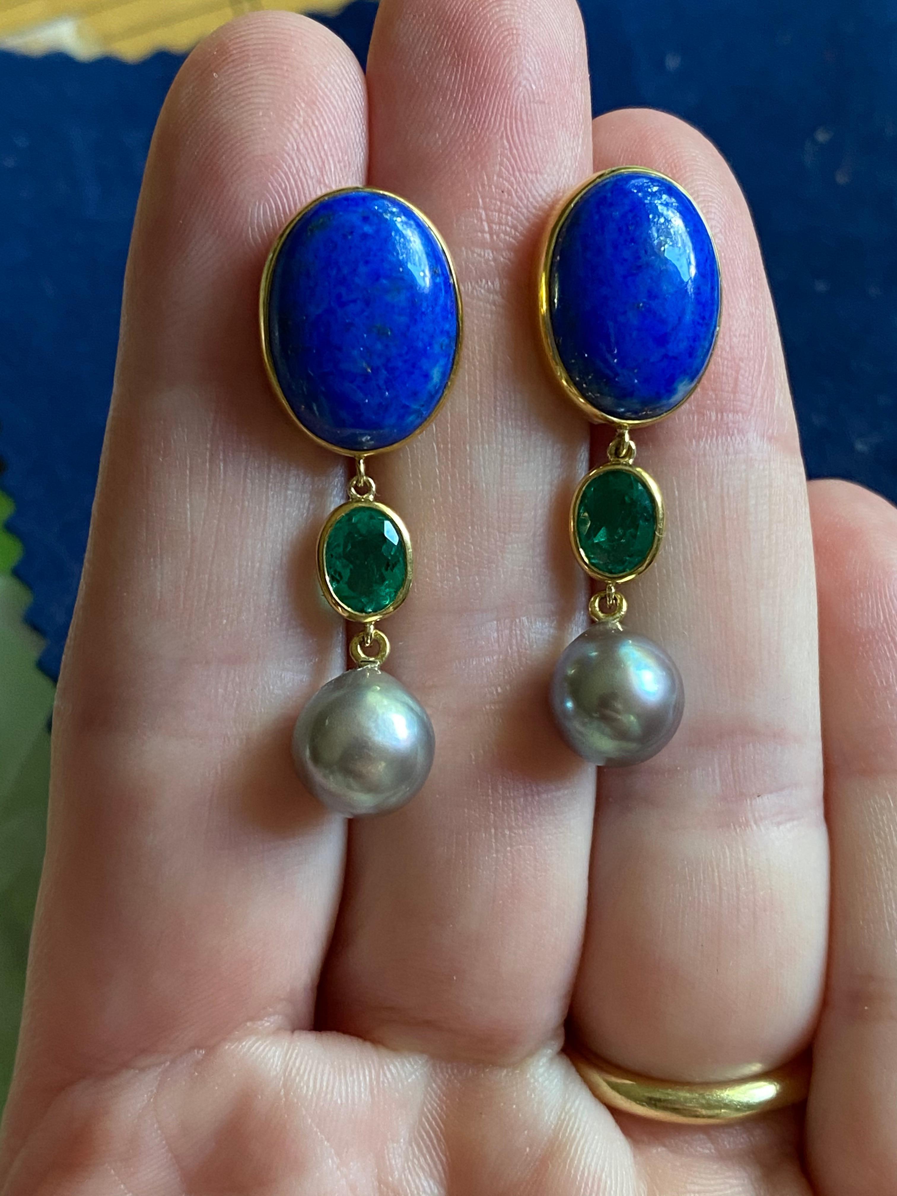Artisan Colombian Emerald, Cortez Pearl and Lapis Gold Earrings