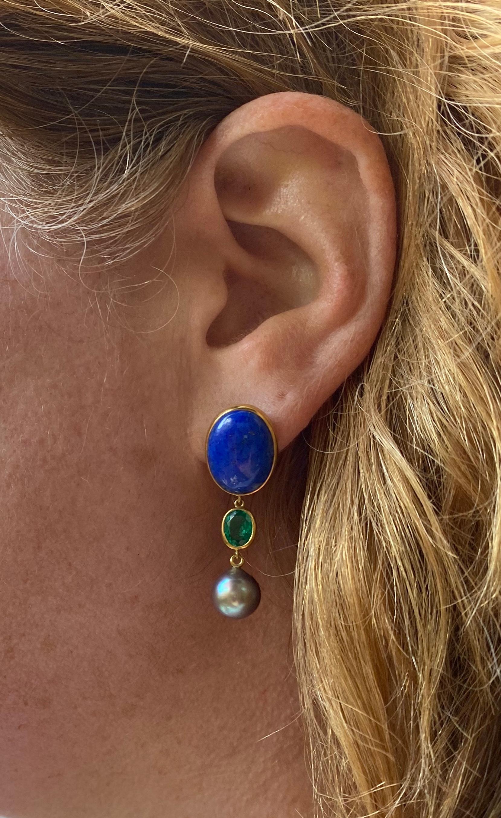 Oval Cut Colombian Emerald, Cortez Pearl and Lapis Gold Earrings