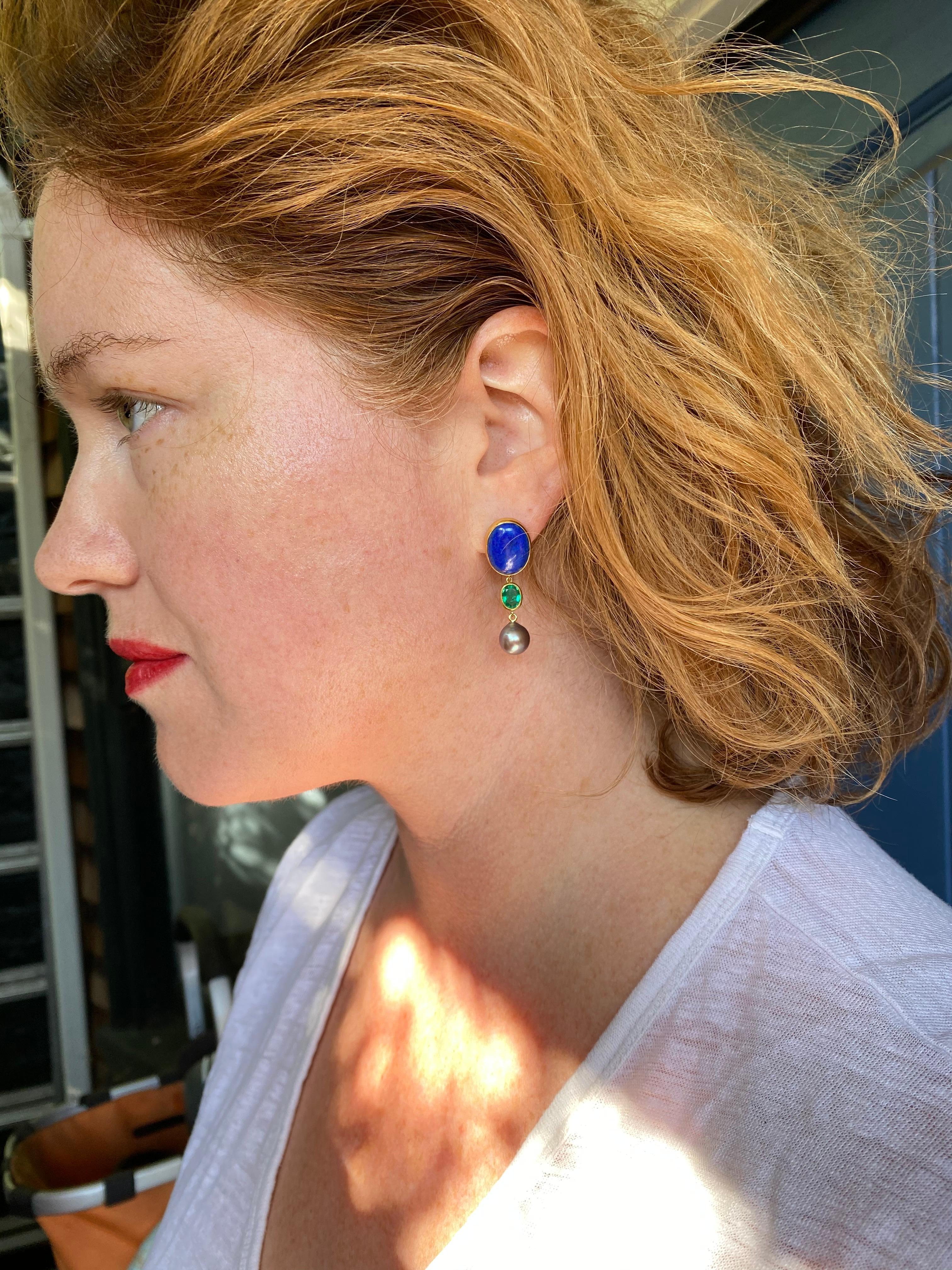 Colombian Emerald, Cortez Pearl and Lapis Gold Earrings In New Condition In Berkeley, CA