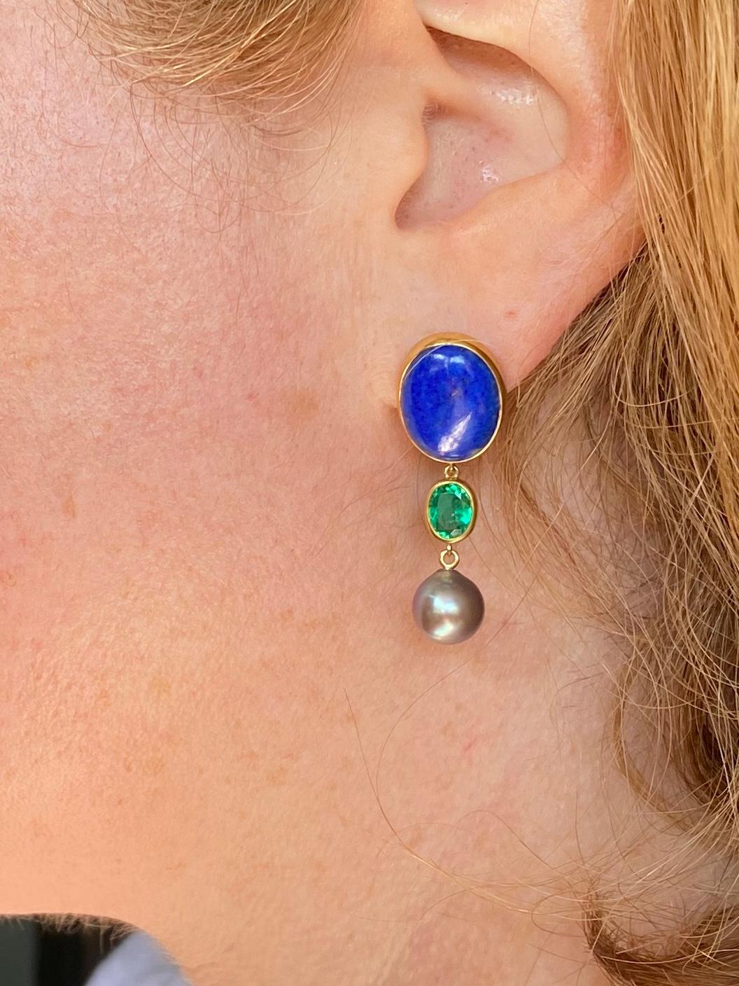 Women's or Men's Colombian Emerald, Cortez Pearl and Lapis Gold Earrings