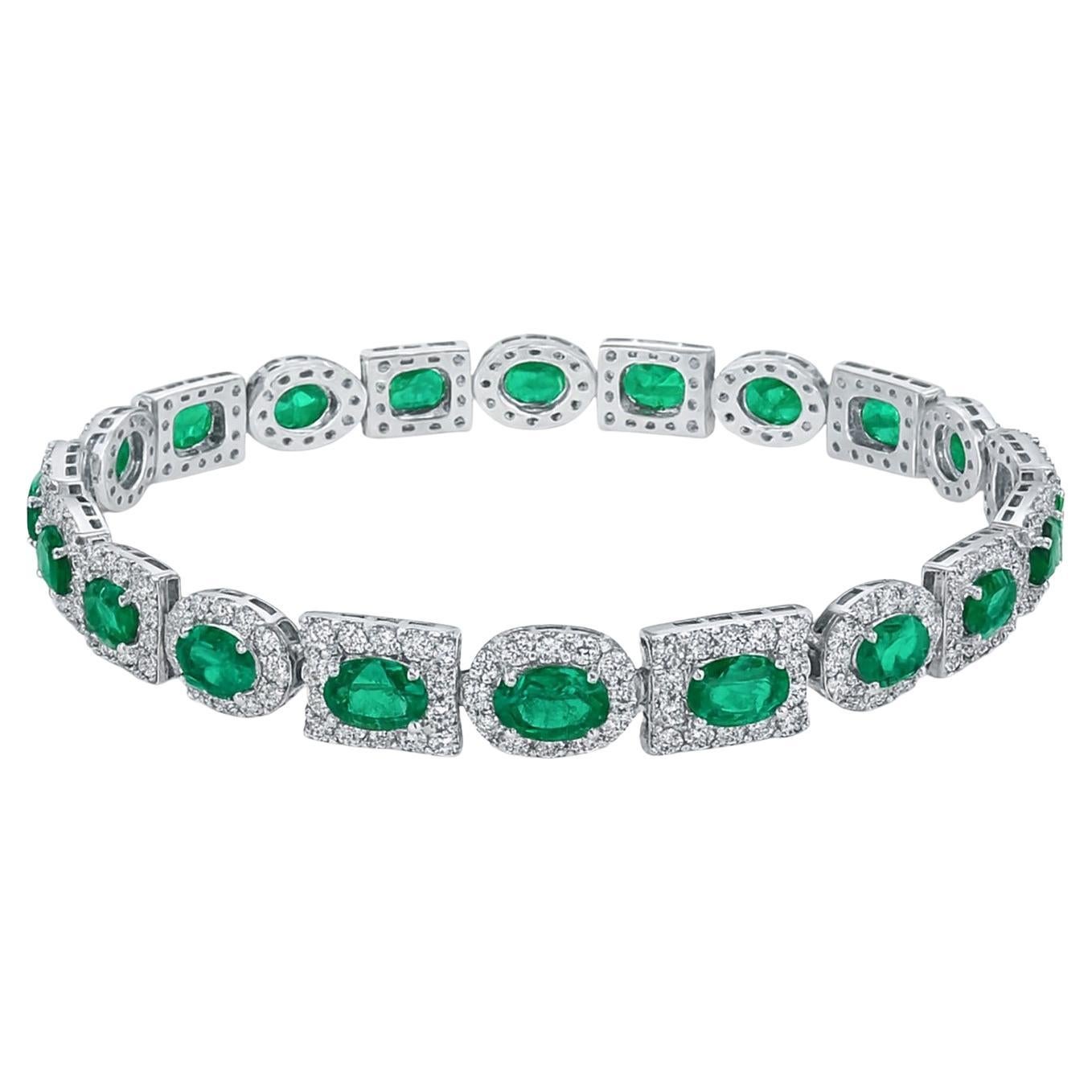 Colombian Emerald & Diamond 10.50 Carat Halo Tennis Bracelet in 18K White Gold For Sale