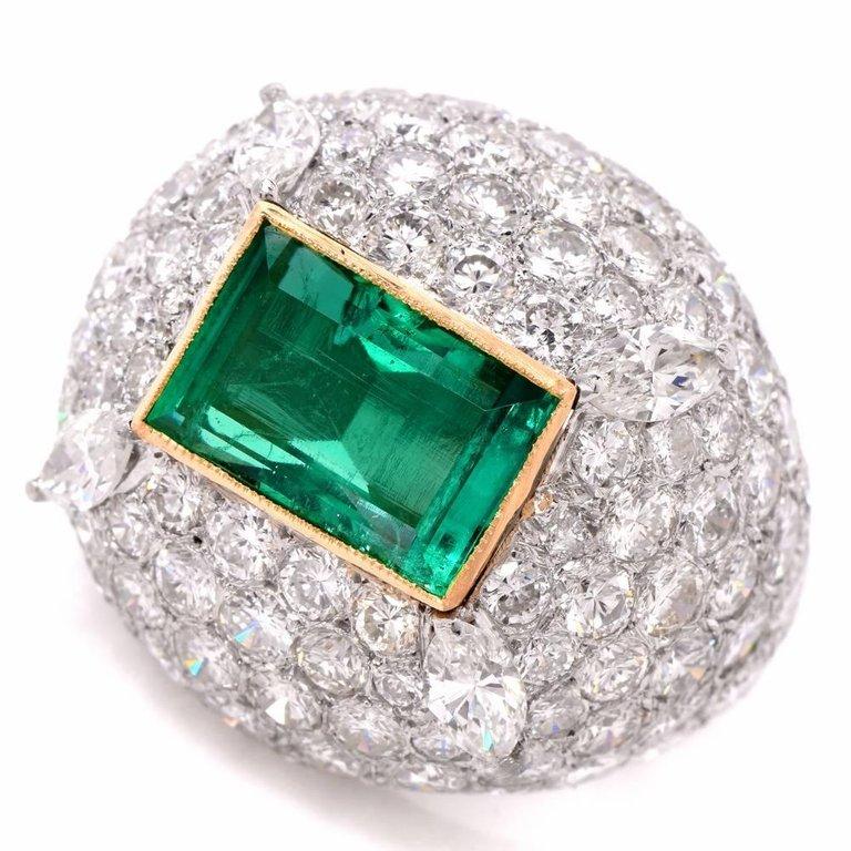 Retro Certified GIA Colombian Emerald Diamond 18 Karat White Gold Dome Cocktail Ring