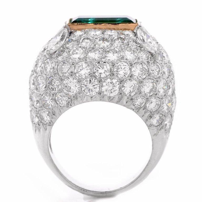 Emerald Cut Certified GIA Colombian Emerald Diamond 18 Karat White Gold Dome Cocktail Ring
