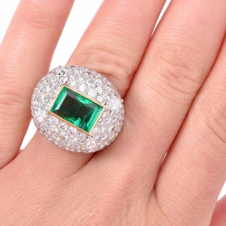 Certified GIA Colombian Emerald Diamond 18 Karat White Gold Dome Cocktail Ring In Excellent Condition In Miami, FL