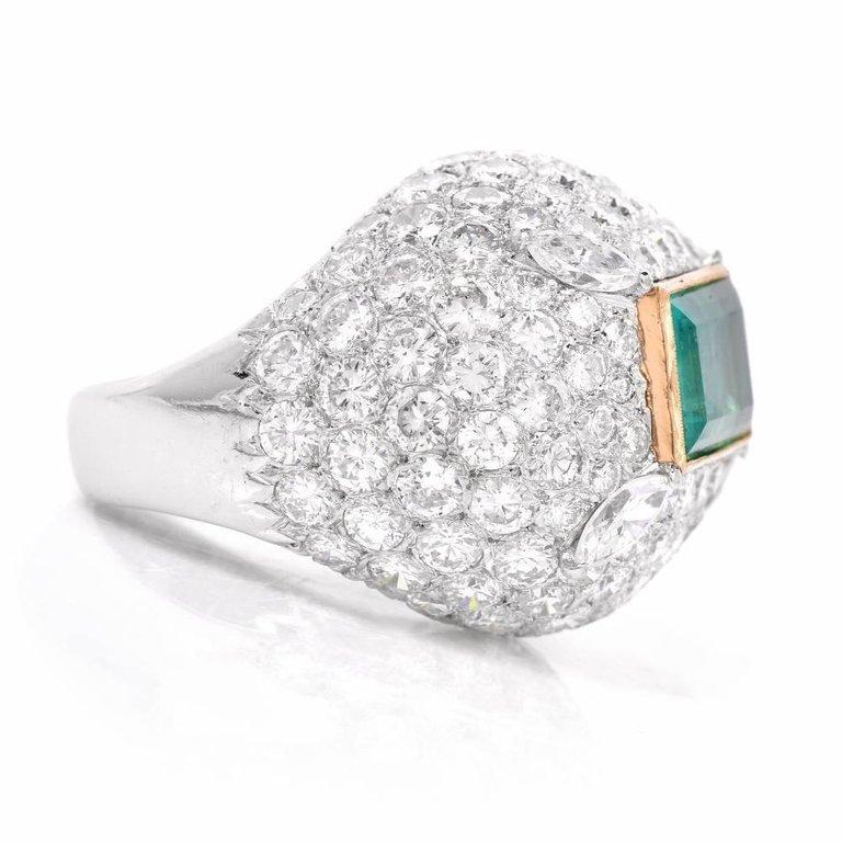 Women's or Men's Certified GIA Colombian Emerald Diamond 18 Karat White Gold Dome Cocktail Ring