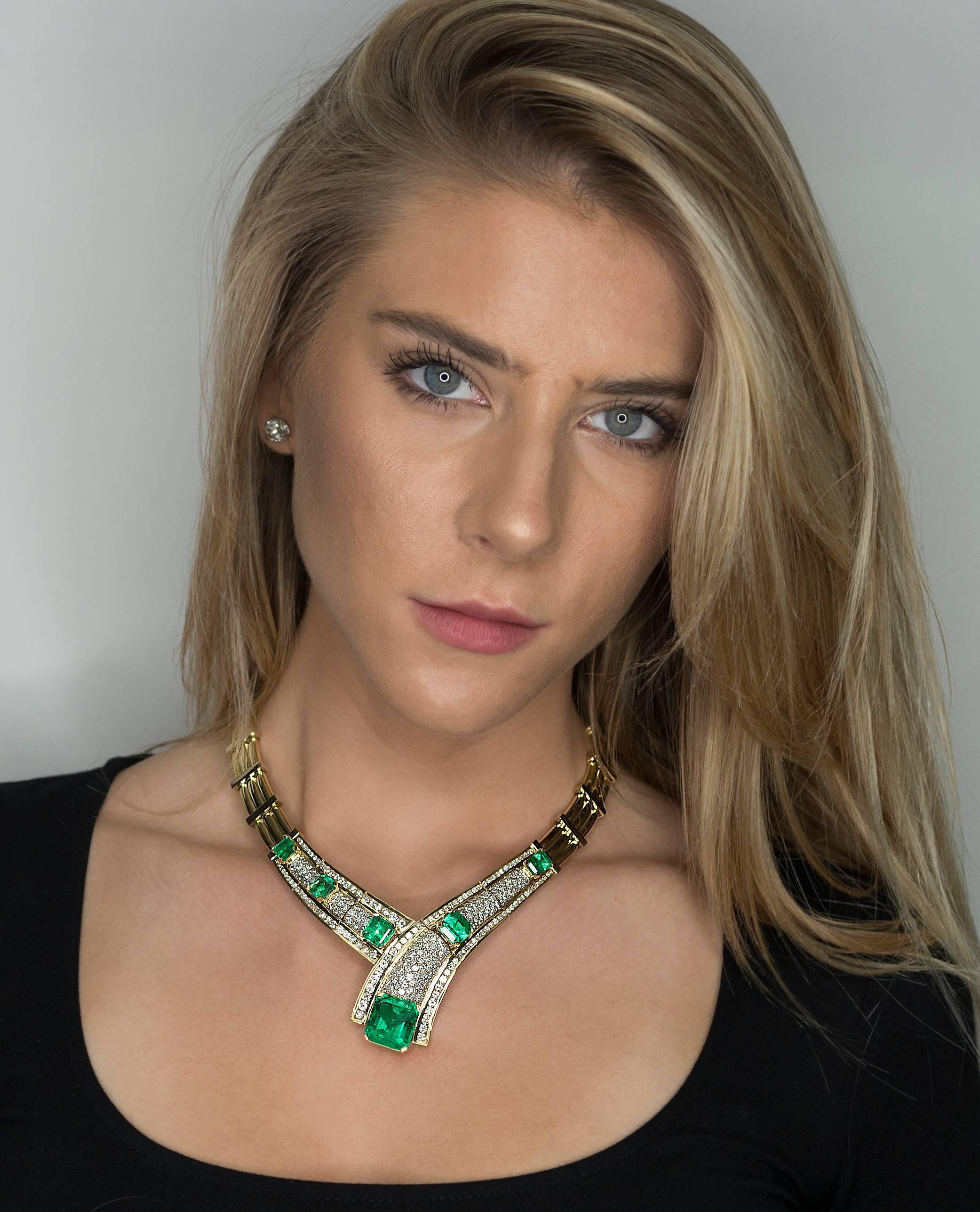 18k Necklace with 6 deep green Colombian Emeralds weighing approximately 40.00 carats and approximately 15.00 carats of modern round brilliant diamonds. 178g