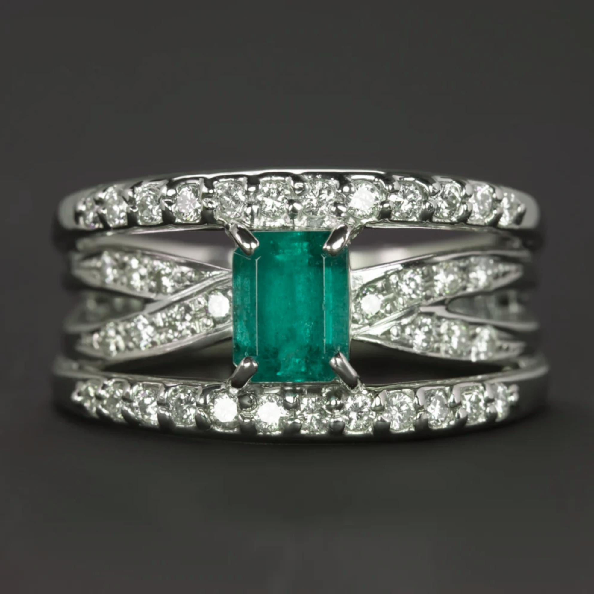 Emerald Cut Colombian Emerald Diamond Band Platinum Ring For Sale