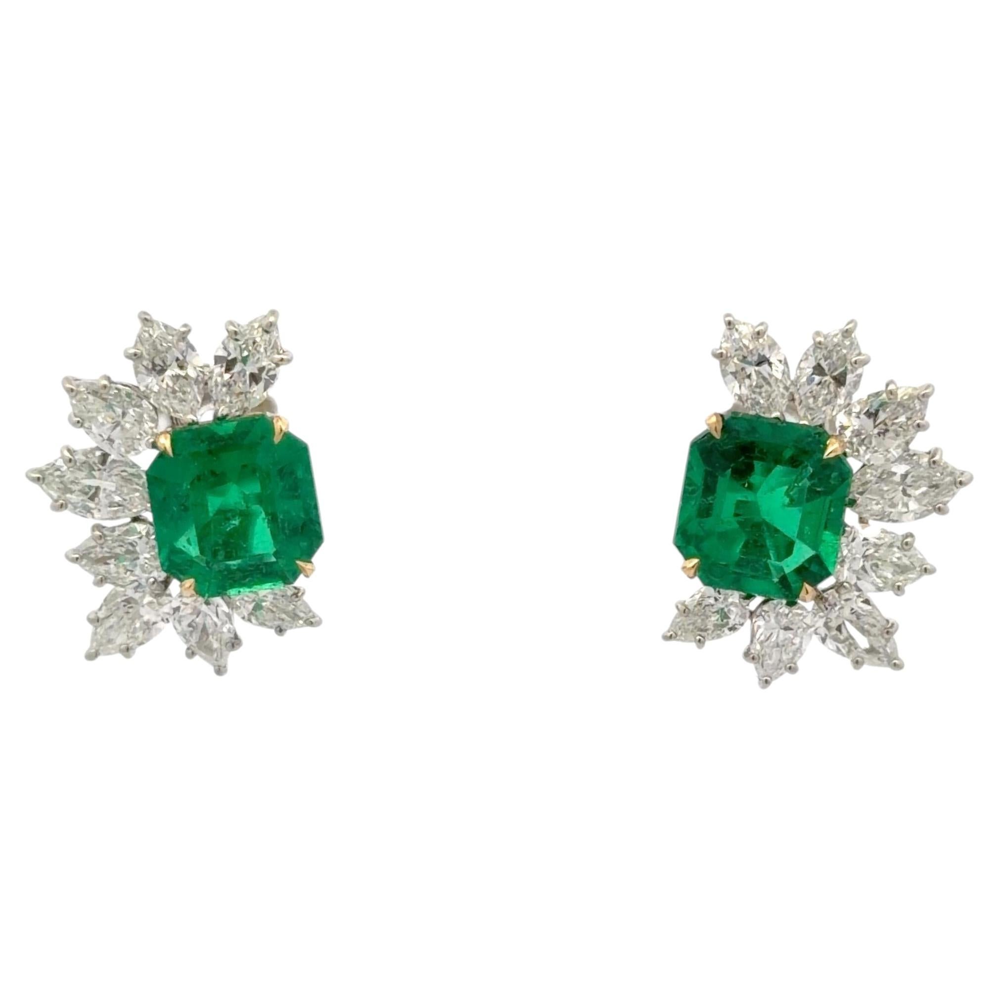 Colombian Emerald & Diamond Cluster Earrings, Gübelin Certified For Sale