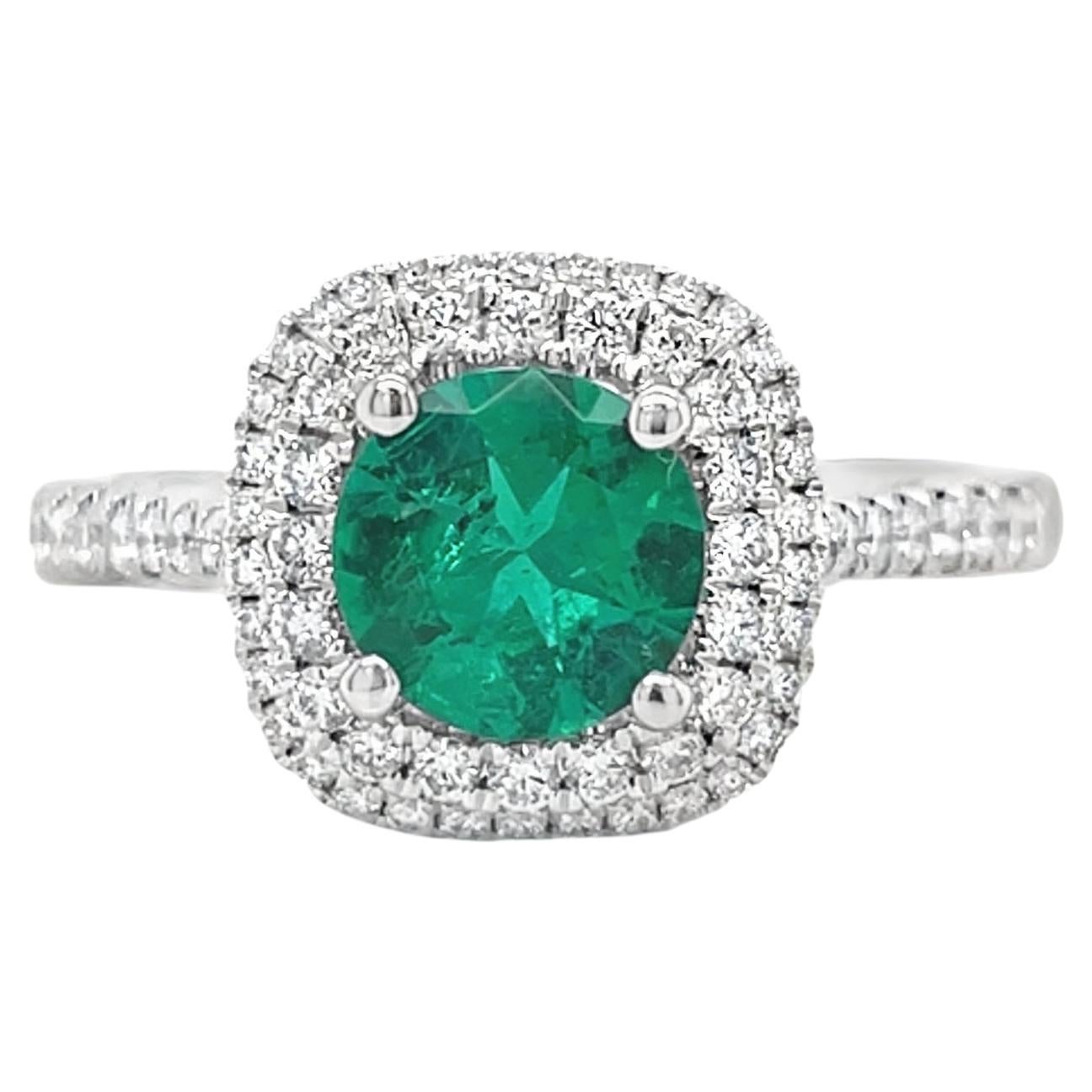 Colombian Emerald & Diamond Double Halo Ring in White Gold