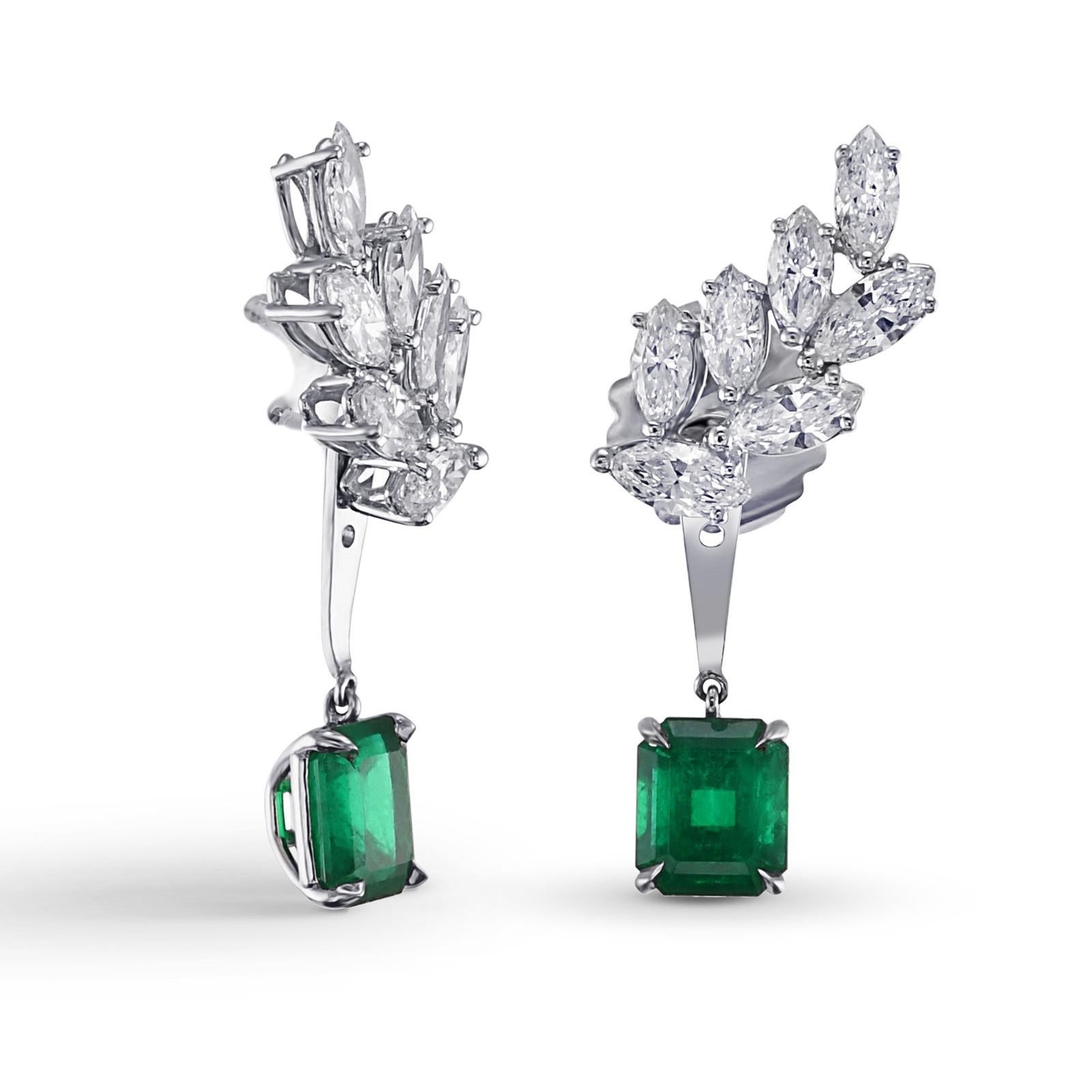 Stone on stone marquise diamonds climb the ear for a chic, and cutting edge, look.  The elegant diamond tops allow for the detachable Colombian emerald drops to be suspended from behind the ear.

14 diamonds weigh a total of 2.36 carats (app. F