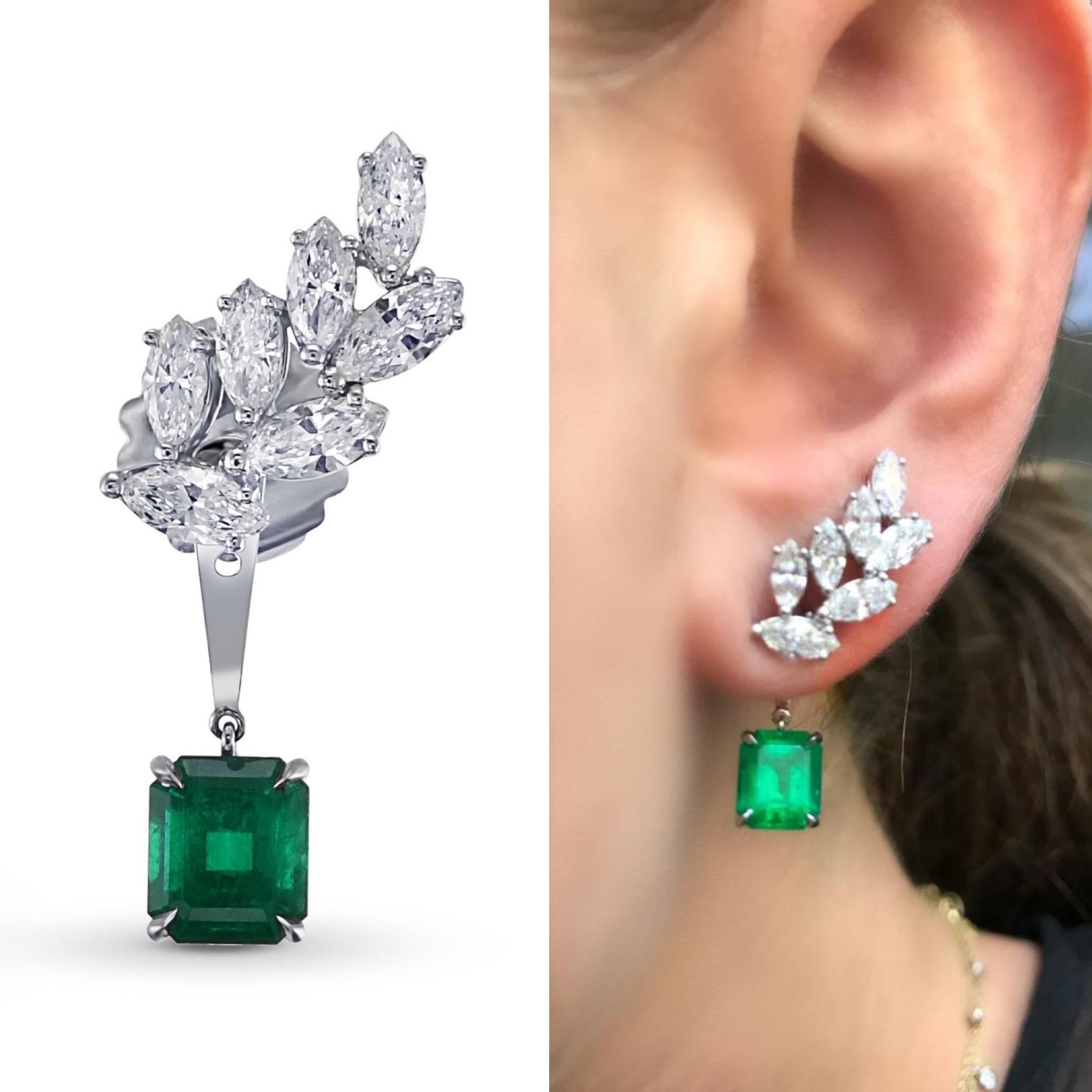 Contemporary Colombian Emerald Diamond Ear Climber Earrings