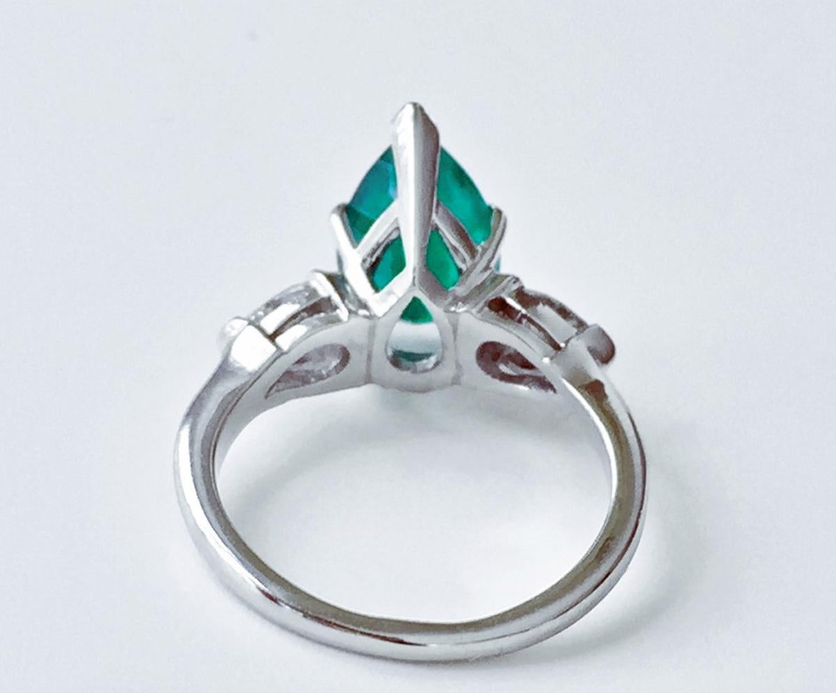 Colombian Emerald Diamond Engagement Platinum Ring Three-Stone Pear Shape For Sale 1