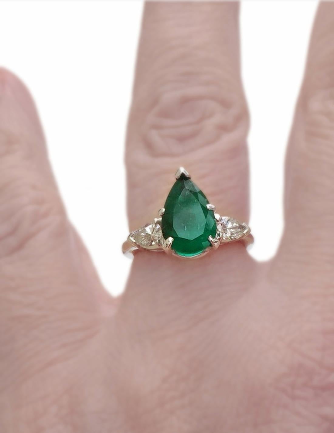 Colombian Emerald Diamond Engagement Platinum Ring Three-Stone Pear Shape For Sale 2