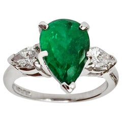 Colombian Emerald Diamond Engagement Platinum Ring Three-Stone Pear Shape