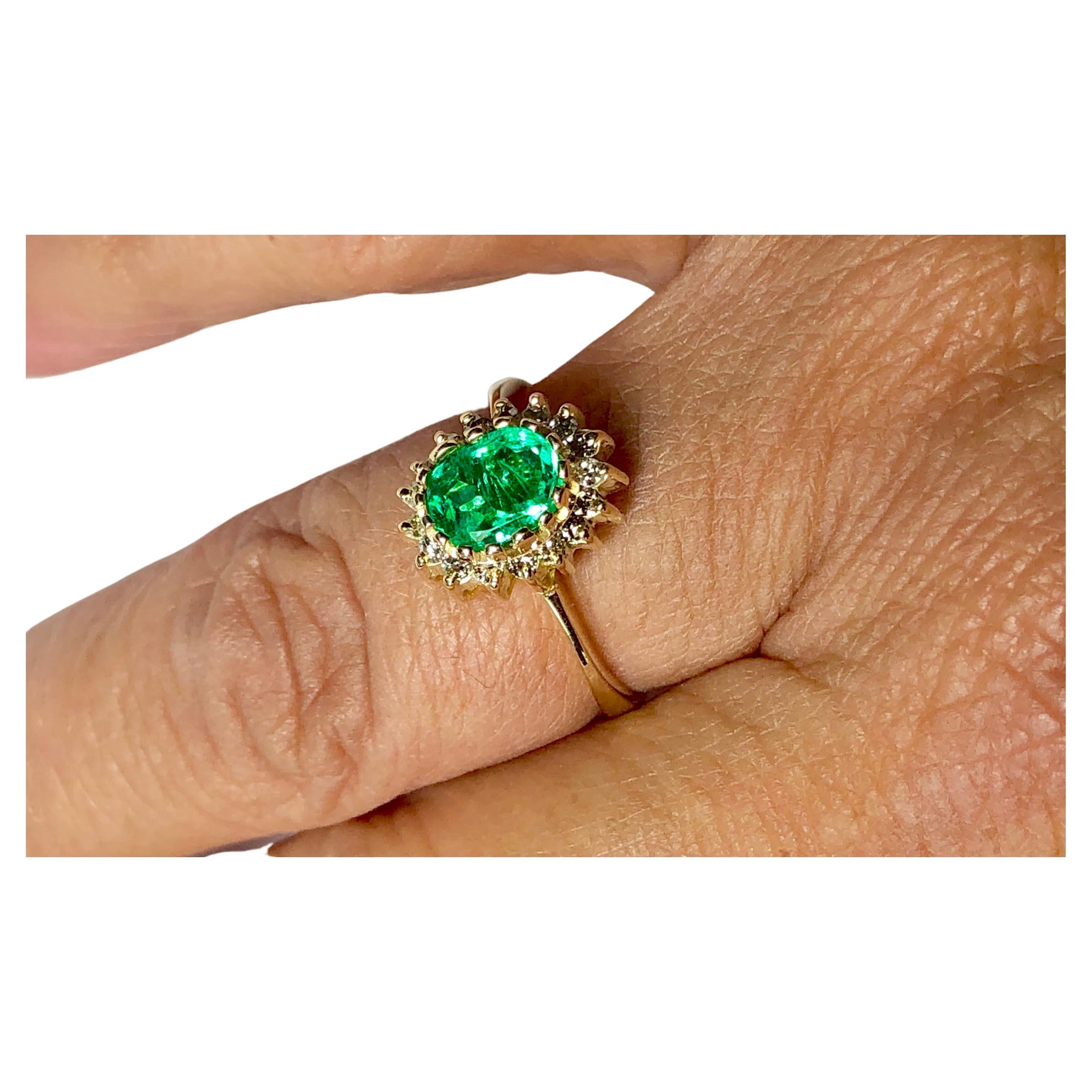 Oval Cut Vintage Colombian Emerald Diamond Engagement Ring 18 Karat For Sale