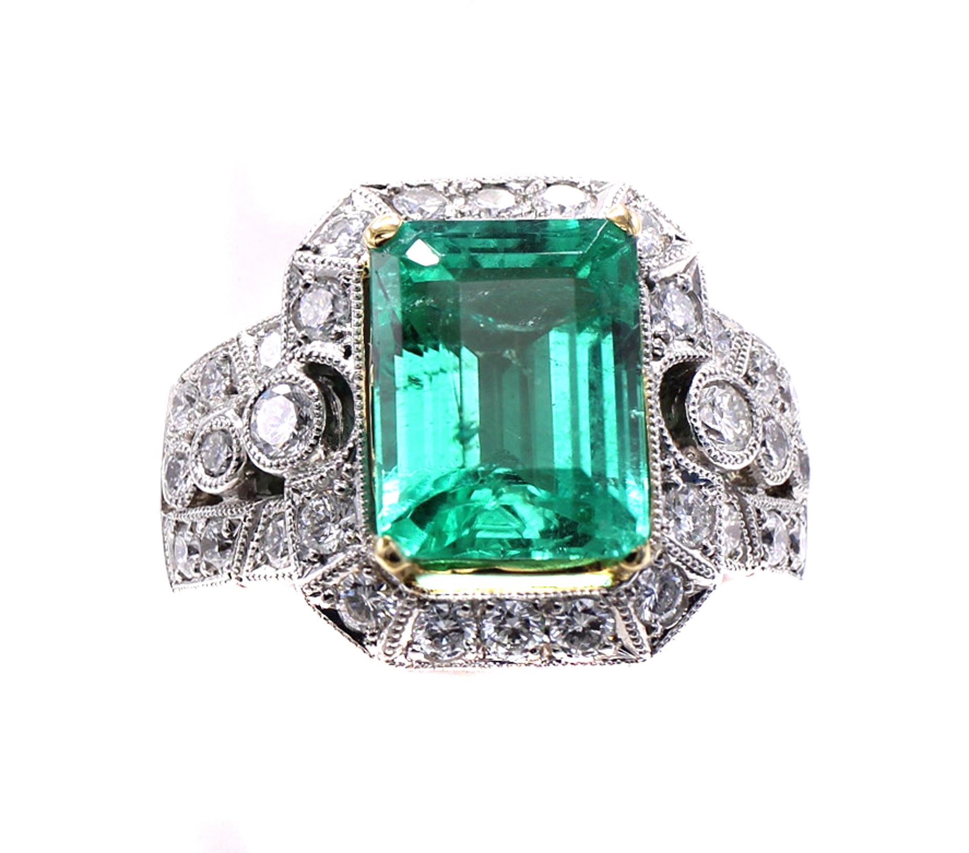 Emerald Cut Colombian Emerald Diamond Engagement Ring For Sale