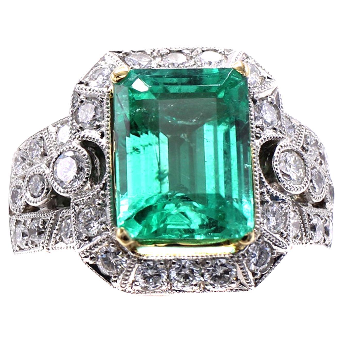 Colombian Emerald Diamond Engagement Ring For Sale