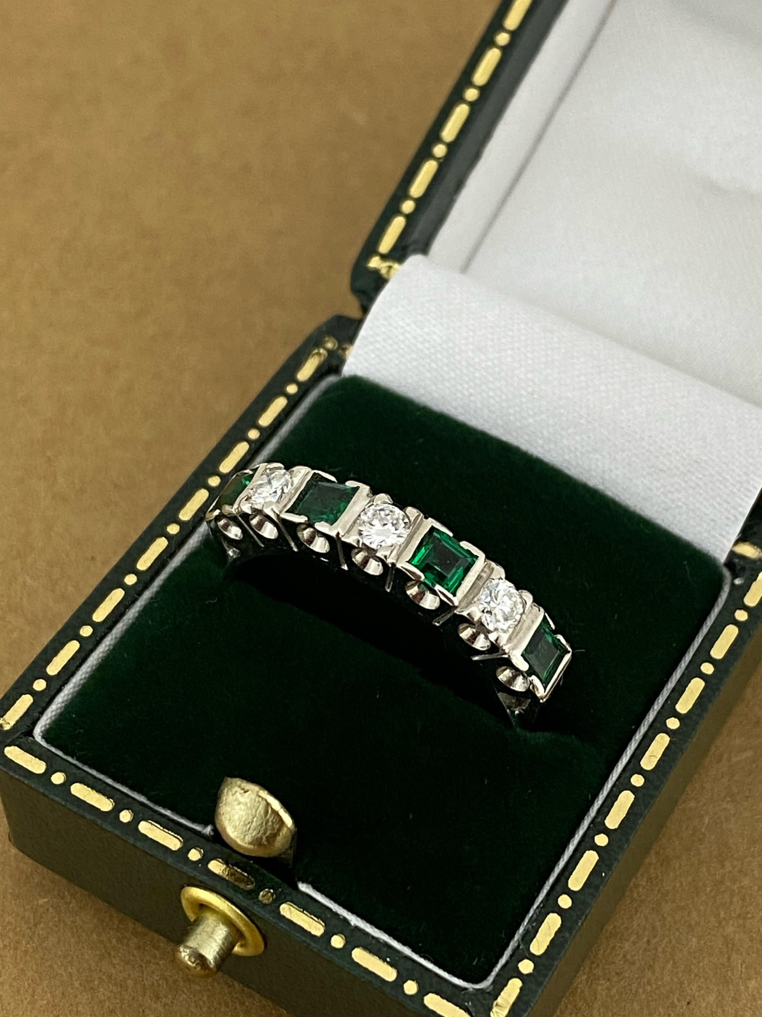 Retro Colombian Emerald & Diamond Half Hoop Ring in Platinum & 18K White Gold, c1950's For Sale