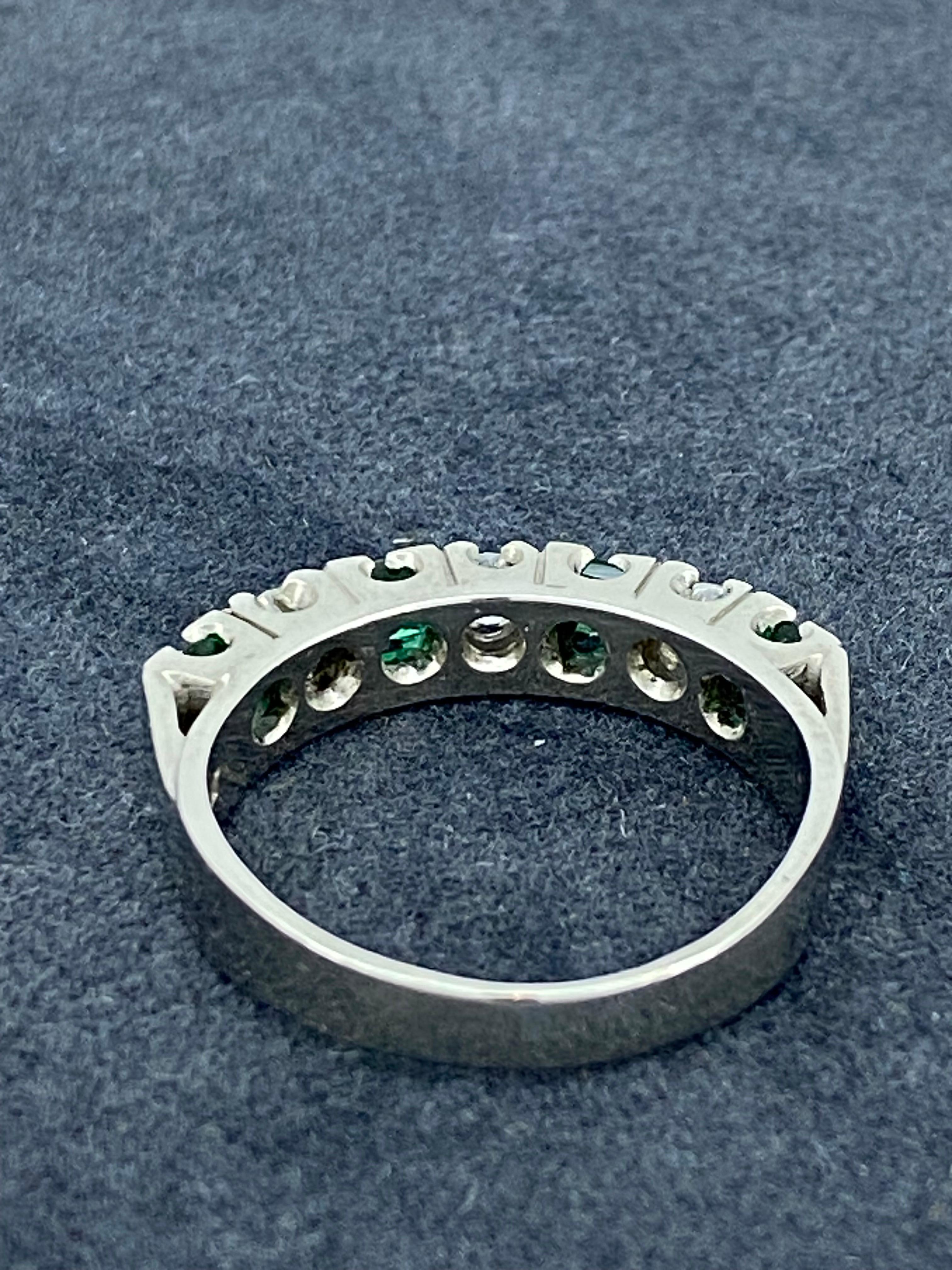 Princess Cut Colombian Emerald & Diamond Half Hoop Ring in Platinum & 18K White Gold, c1950's For Sale