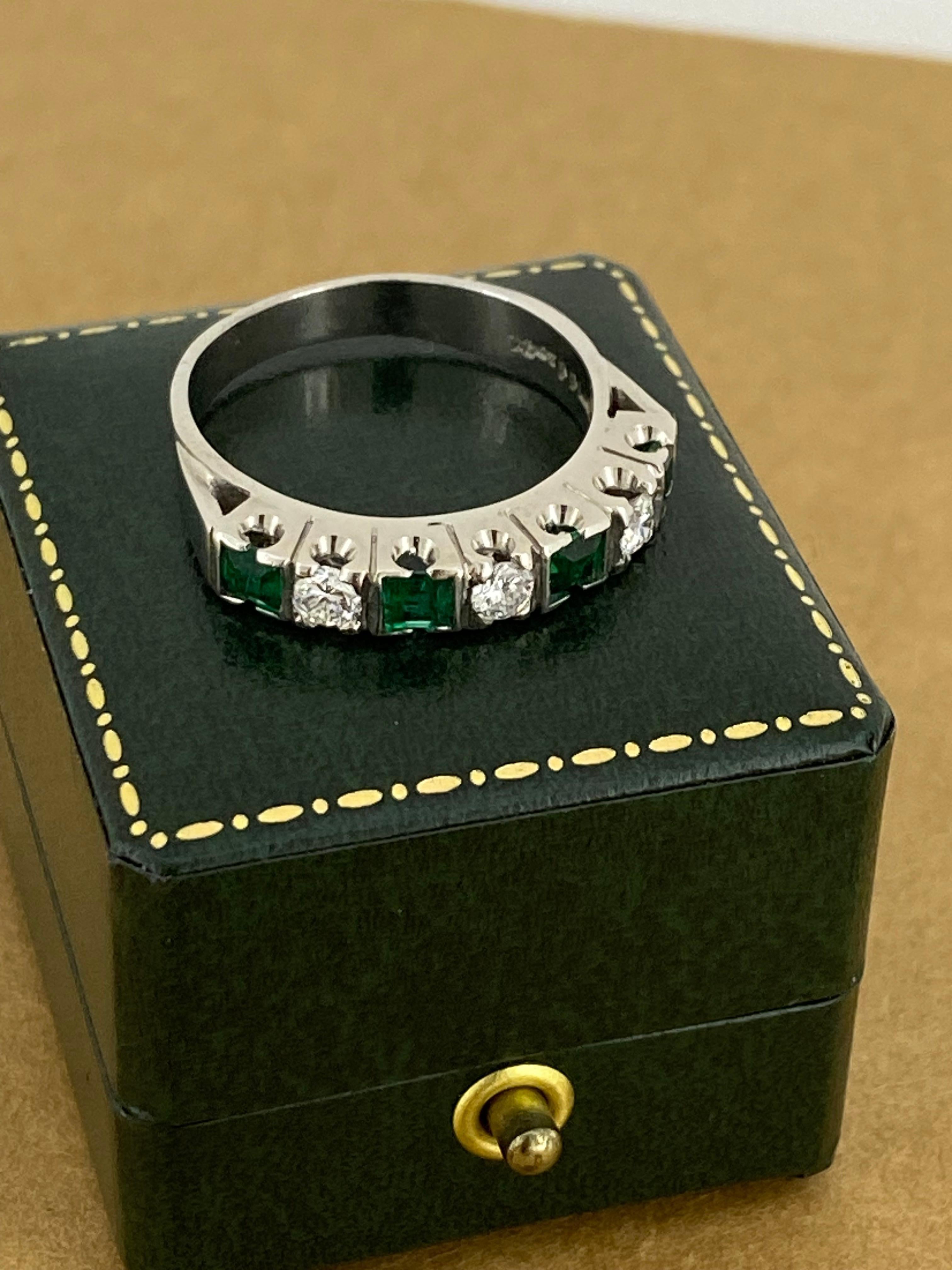 Women's Colombian Emerald & Diamond Half Hoop Ring in Platinum & 18K White Gold, c1950's For Sale