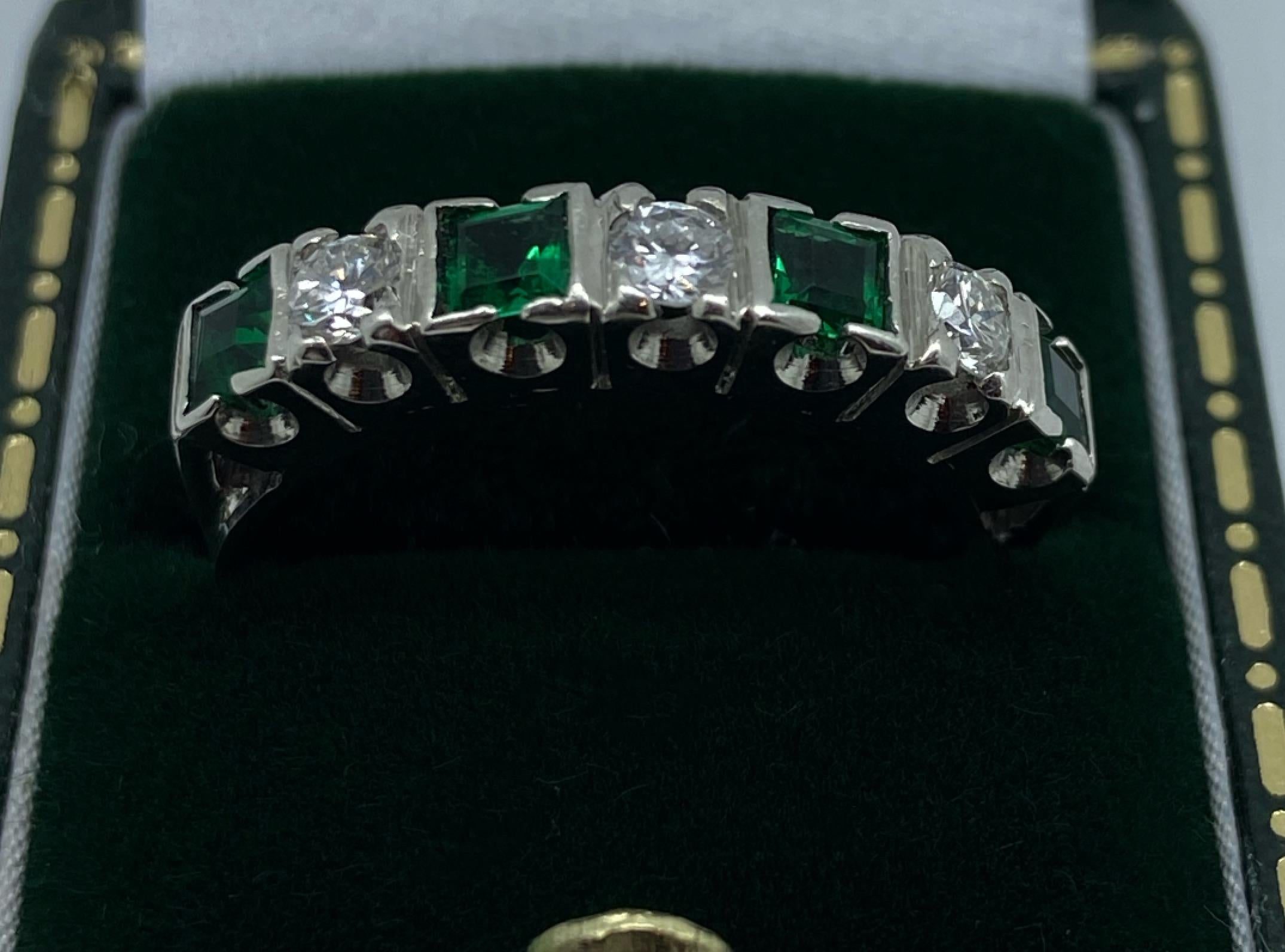Colombian Emerald & Diamond Half Hoop Ring in Platinum & 18K White Gold, c1950's For Sale 1