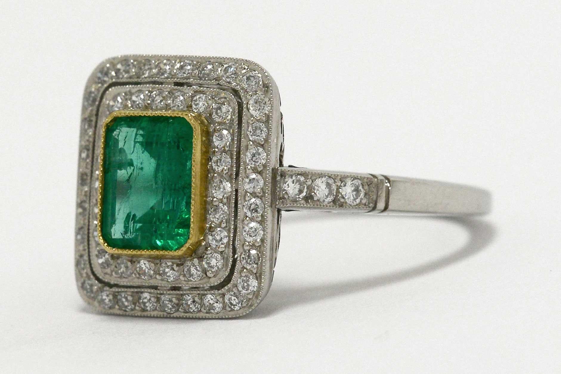 Colombian Emerald Diamond Halo Art Deco Revival Target Platinum Engagement Ring In Excellent Condition In Santa Barbara, CA