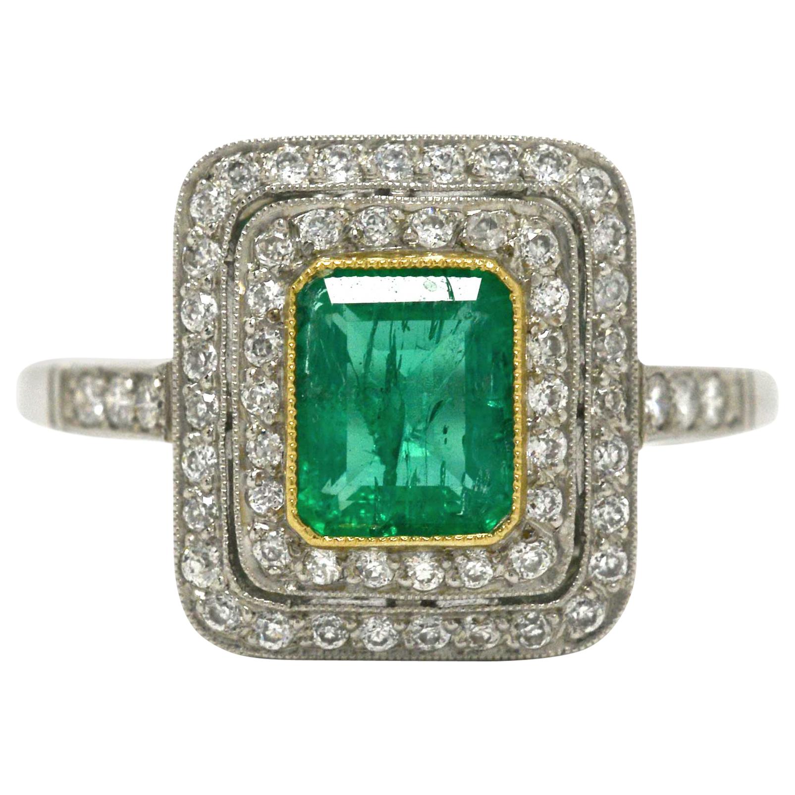 Colombian Emerald Diamond Halo Art Deco Revival Target Platinum Engagement Ring