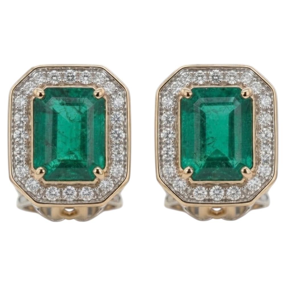 Colombian Emerald & Diamond Halo Earrings in 18 Karat Gold 14.01 Carats