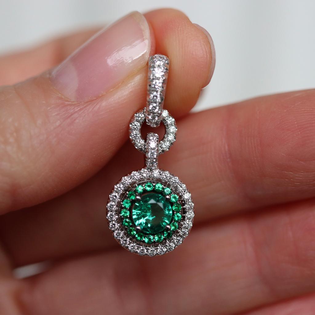 Contemporary Colombian Emerald Diamond Halo Pendant and Diamond Enhancer Bail For Sale
