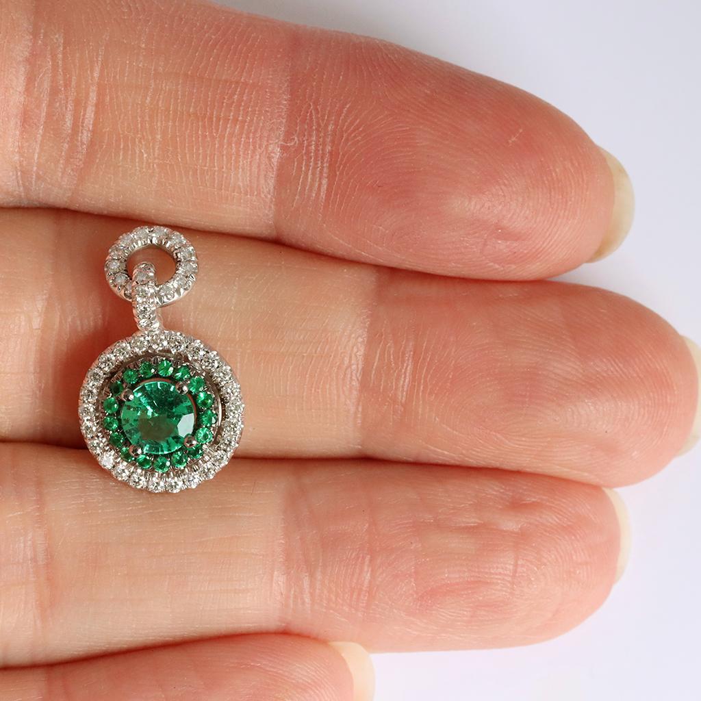 Round Cut Colombian Emerald Diamond Halo Pendant and Diamond Enhancer Bail For Sale