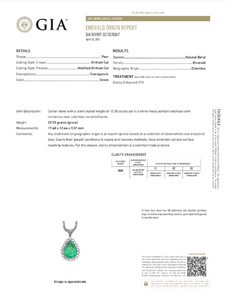 Women's Colombian Emerald Diamond Halo Platinum Pendant, GIA Certified For Sale