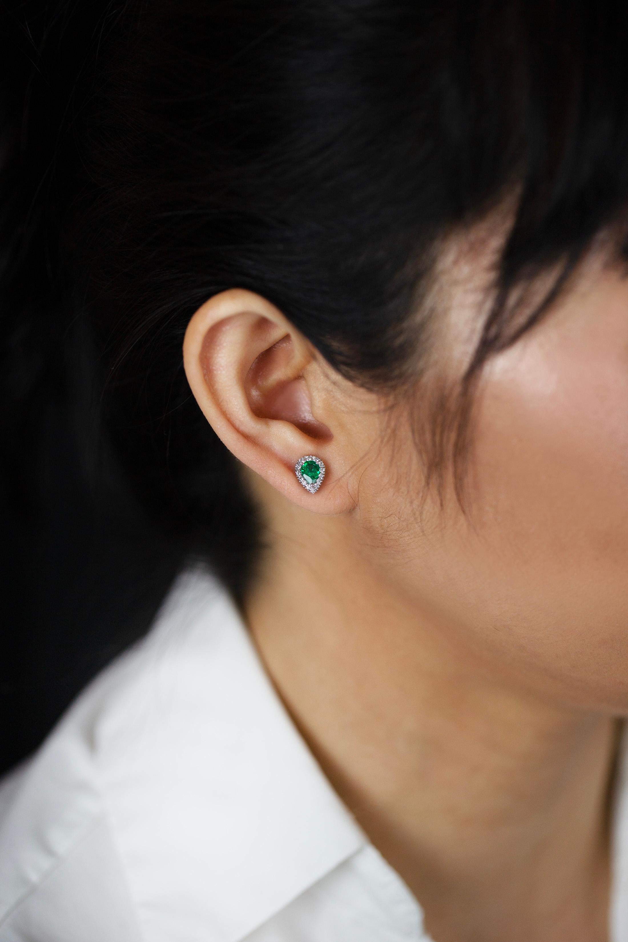 Pear Cut Colombian Emerald & Diamond Halo Stud Earrings For Sale