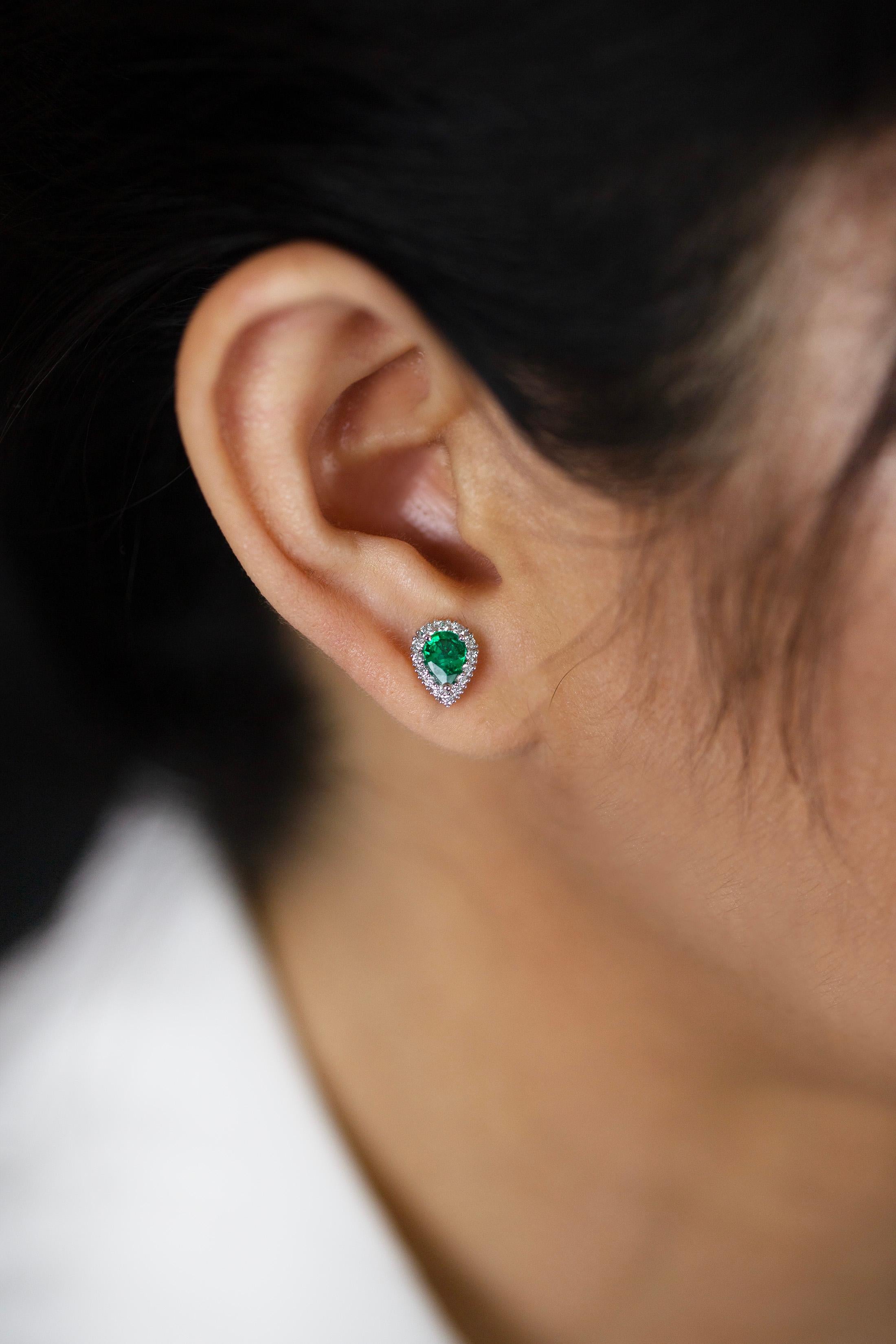 Women's Colombian Emerald & Diamond Halo Stud Earrings For Sale
