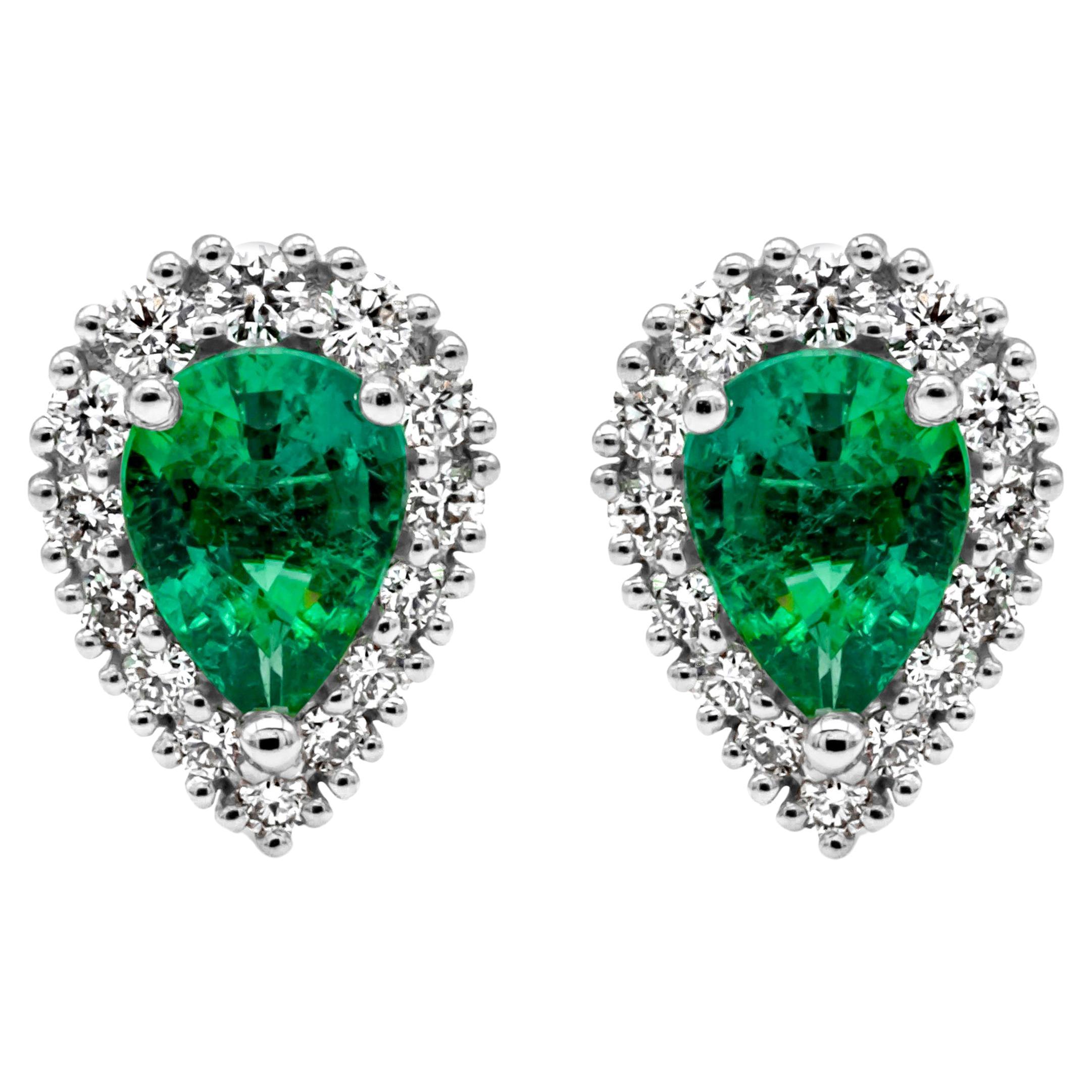 Colombian Emerald & Diamond Halo Stud Earrings For Sale