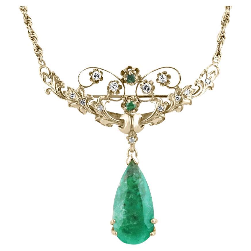 Colombian Emerald & Diamond Necklace Brooch 14K Pear Emerald Pendant Vintage