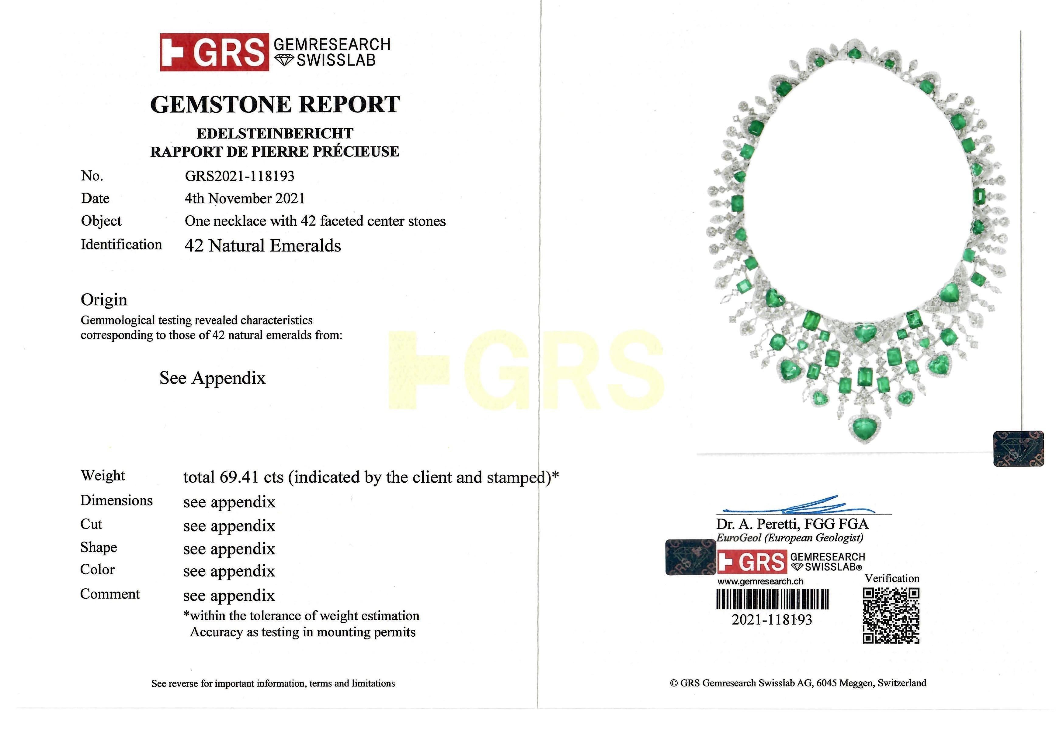 Taglio ovale Collana di smeraldi e diamanti colombiani certificata GRS da 69,41 carati in vendita
