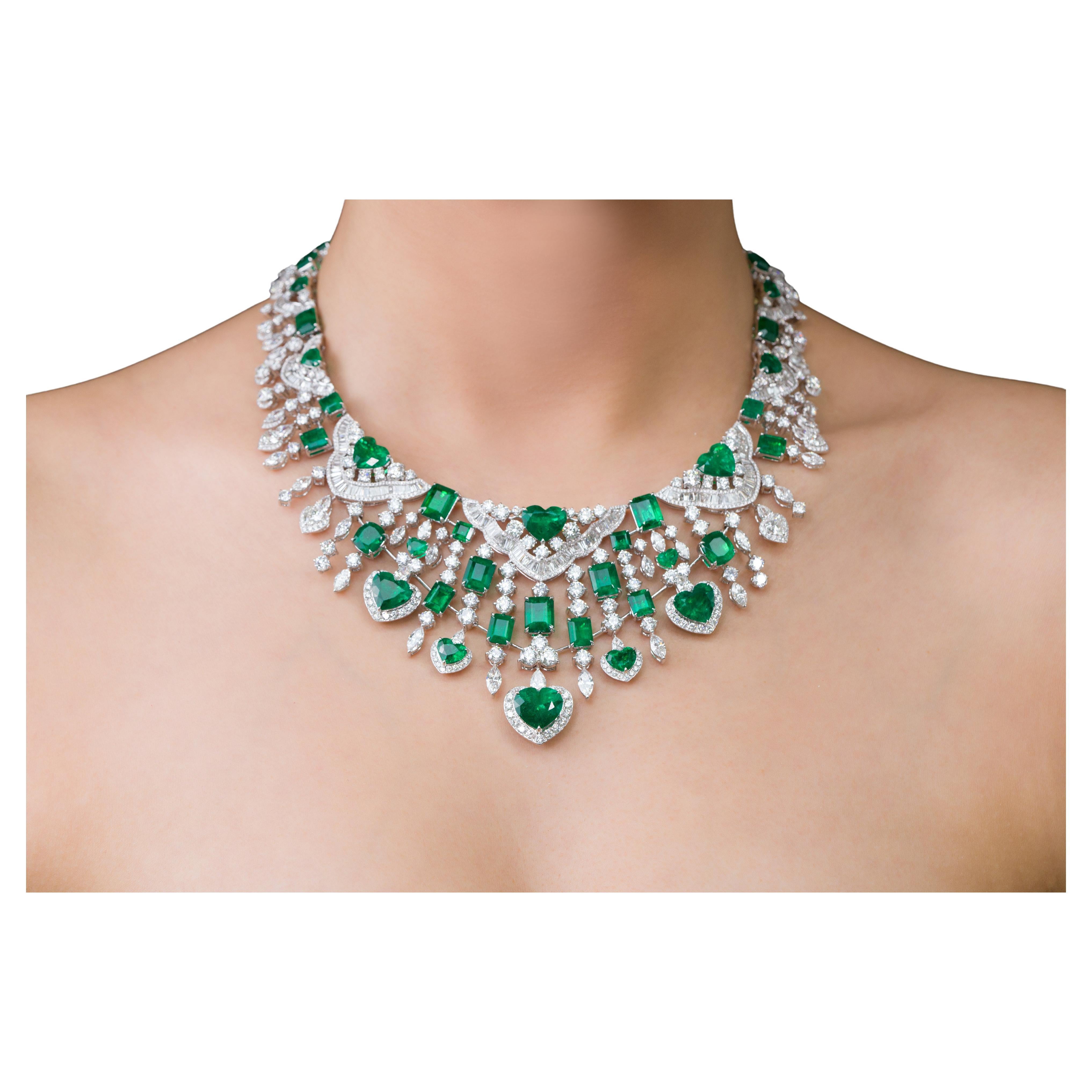 GRS Certified 69.41 Carat Colombian Emerald and Diamond Necklace