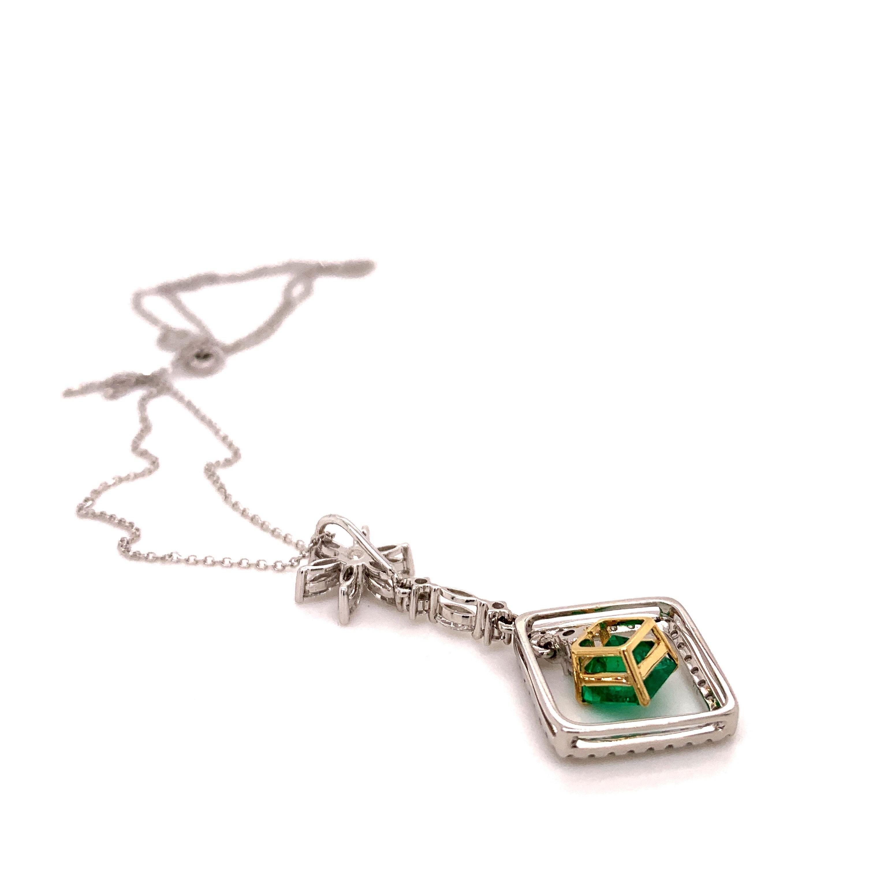 Contemporary Colombian Emerald Diamond Pendant Necklace For Sale