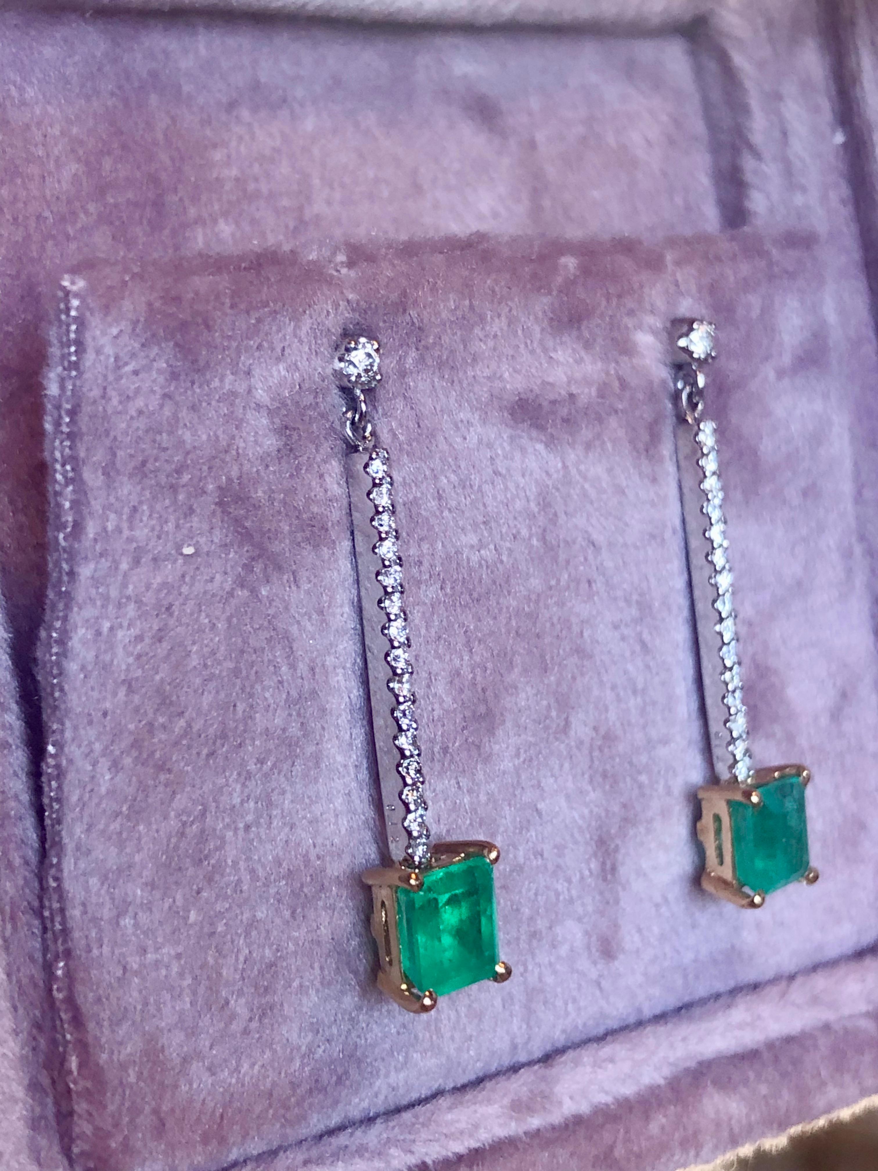 Colombian Emerald Diamond Platinum 18K Dangle Earrings For Sale 2