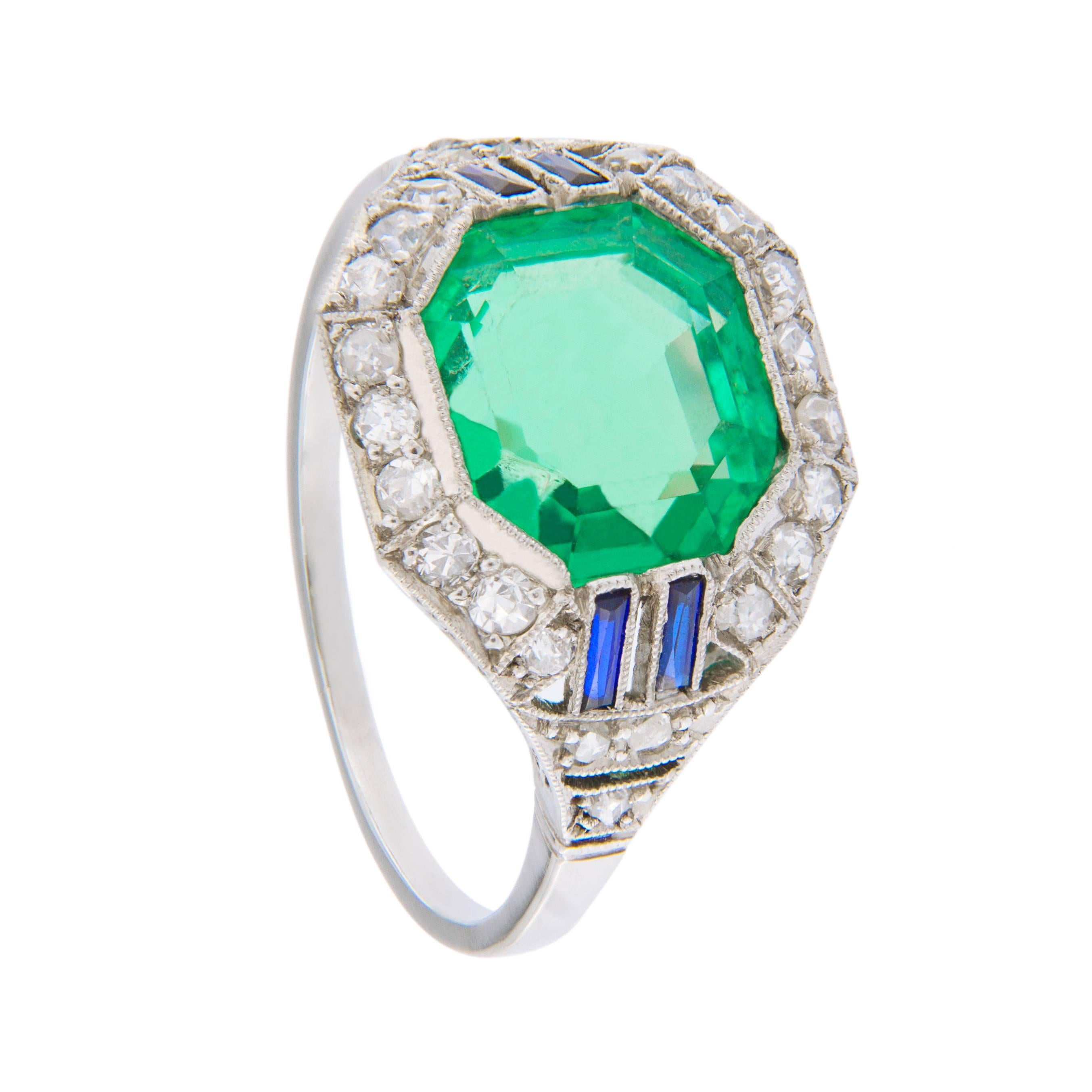 Emerald Cut Colombian Emerald Diamond Platinum Art Deco Ring